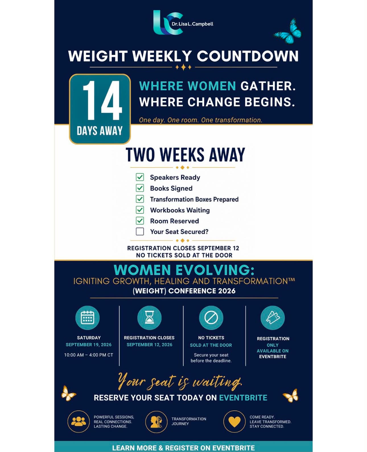 14 Days Away -
Get Ready to Evolve:
Are you ready for the Woman Evolve Conference? Turn your Chicago girls trip into a life-changing weekend.
Grab the tools you need to grow and move forward.
It’s Time to Let Go:
Do you feel tired from carrying too much weight on your shoulders? Are you tired of waiting to do what you love?
Discover what is holding you back and find your true path.
Important Details:
Deadline: Register by September 12, 2026. Save your spot today.
https://www.eventbrite.com/e/women-evolving-igniting-growth-healing-and-transformationtm-2026-tickets-1645409497099?aff=oddtdtcreator
* No tickets will be sold at the door *