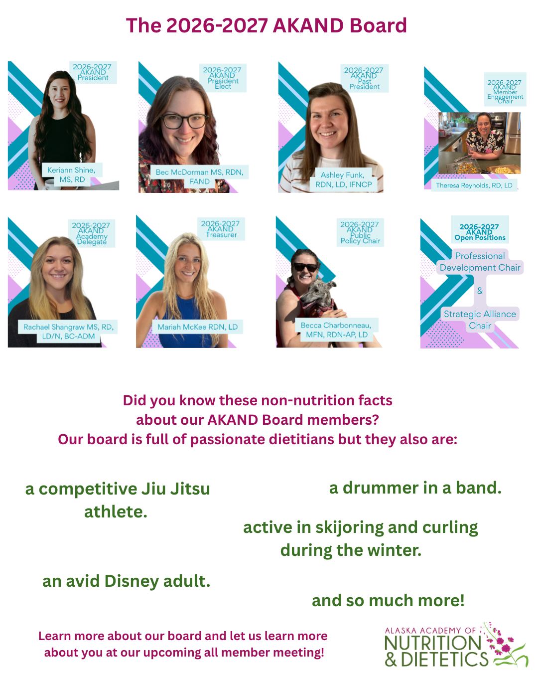 The Alaska Academy is about more than just nutrition & dietetics. AKAND is dedicated to supporting our professionals as a whole! We wanted to highlight and celebrate some non-nutrition facts about our board members. You’ll learn who does what at our All-Members Meeting!
Join us on September 17th to learn what's ahead. Spend some time getting to know our board and other members. Learn about ways to get involved and connect with nutrition professionals across the state.
Whether you're a new or longtime member, this meeting is the perfect opportunity to stay informed, engaged, and connected.
Thursday, September 17 • 12 PM - 1 PM AKDT
Register today at the link in bio.
