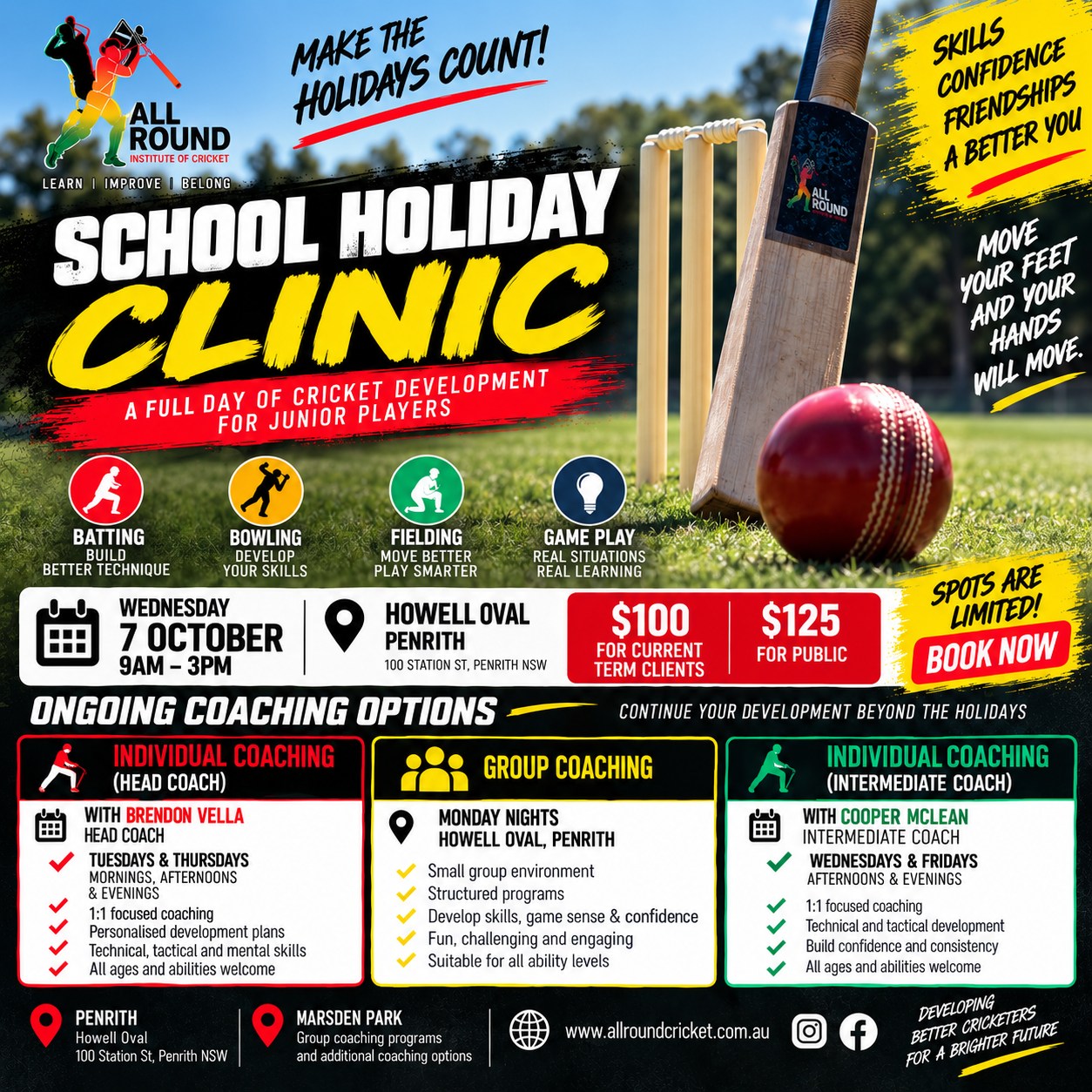 🏏 SCHOOL HOLIDAY CLINIC + TERM 4 COACHING | PENRITH
Get to hear from one of our valued sponsors, @allroundinstituteofcricket. See the details below of an exciting opportunity coming up in the holidays.
With the summer cricket season underway, we have plenty of opportunities for players to continue their development at Howell Oval, Penrith.
☀️ SCHOOL HOLIDAY CLINIC
📅 Wednesday 7 October
⏰ 9am–3pm
📍 Howell Oval, Penrith
💰 $100 Current Term Clients | $125 Public
A full day of batting, bowling, fielding and game-based development for junior cricketers.
Our Term 4 Penrith coaching options include:
🔴 Individual Coaching | Head Coach Brendon Vella Tuesday & Thursday mornings
🟢 Individual Coaching | Intermediate Coach Cooper McLean Wednesday & Friday afternoons & evenings
🟡 Monday Night Group Coaching | Howell Oval
🏏 5pm – Youth Foundation
🏏 6pm – Stage 1
🏏 7pm – Stage 2
Whether you're looking for some extra work during the holidays, weekly group training or individual coaching, we have options for players at different stages of their development.
📩 Get in touch via @allroundinstituteofcricket to secure a clinic spot or enquire about Term 4 availability.
#AllRoundInstituteOfCricket #PenrithCricket #SchoolHolidayClinic #CricketCoaching #JuniorCricket #CricketTraining #WesternSydneyCricket