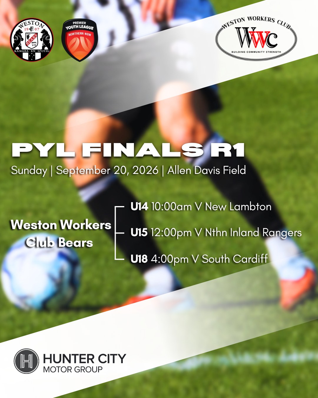 PYL | FINALS | R1
The football continues for our 14, 15 & 18 PYL sides this Sunday at Allen Davis Field.
It's Round 1 of the PYL Finals and the young @westonworkers Bears will be looking to progress their seasons.
@westonworkers @huntercitymotorgroup