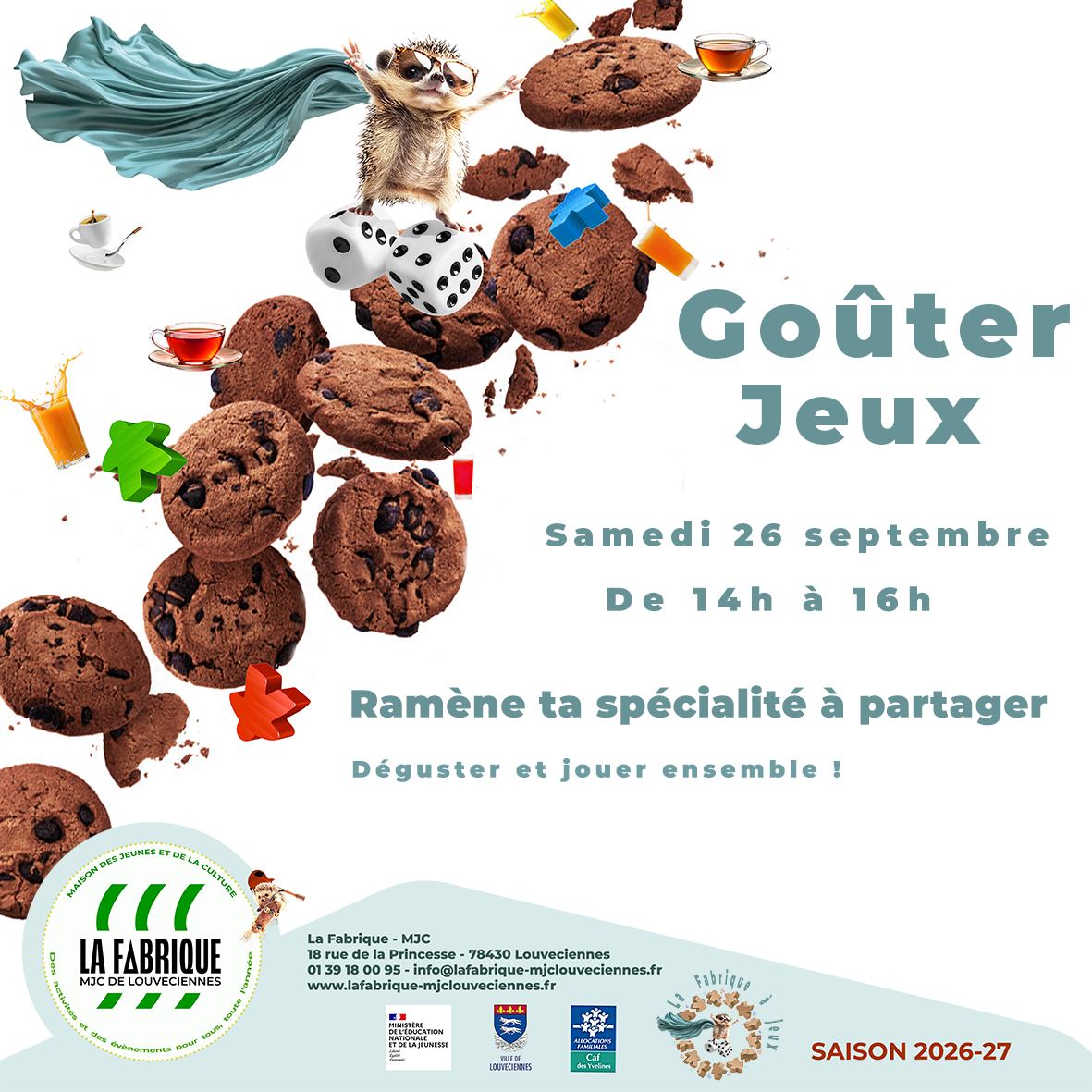 🌟 Ce Week-End à la Fabrique MJC ! 🌟
➡️ Samedi 26 septembre, de 14h à 16h
Premier goûter jeux de l'année : Venez découvrir nos nombreux jeux de société et amener vos spécialités culinaires à partager pour déguster et jouer ensemble !
Tout public - Entrée libre
