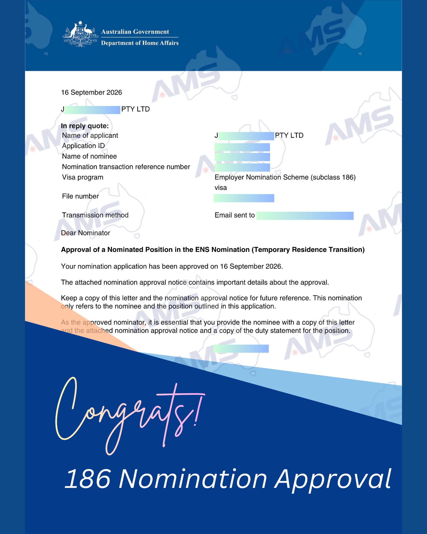 🎉 After nearly two years of waiting, the 186 employer nomination has finally been approved!
This Subclass 186 Temporary Residence Transition (TRT) nomination was lodged in January 2025 for the following occupation:
🔧 Motor Mechanic (General)
Occupation code: ANZSCO 321211
Lodging an application does not mean our work is finished. Throughout the processing period, AMS remained in regular contact with both the employer and the client. We continued to monitor their circumstances, including the position, employment arrangements and business operations, and checked whether any information or supporting documents needed to be updated.
In September 2026, we finally received the good news—the 186 employer nomination was approved!
A long-term application requires more than simply preparing and submitting documents. It also requires ongoing communication, careful monitoring and continued support throughout the waiting period.
We sincerely thank the employer and our client for their trust and cooperation. Our team will continue to monitor the visa application and support the client through the final stage.
Congratulations to both the employer and our client—one step closer to Australian permanent residency! 🎊
Every application is different. Processing times and outcomes are determined by the Australian Department of Home Affairs.
#AustraliaMigrationServices #AMS #186Visa #EmployerNominationScheme #186TRT #EmployerNomination #EmployerSponsoredVisa #MotorMechanic #ANZSCO321211 #AustralianVisa #AustralianImmigration #PermanentResidency #MigrationAustralia #VisaApproval #RegisteredMigrationAgent #MelbourneMigrationAgent
