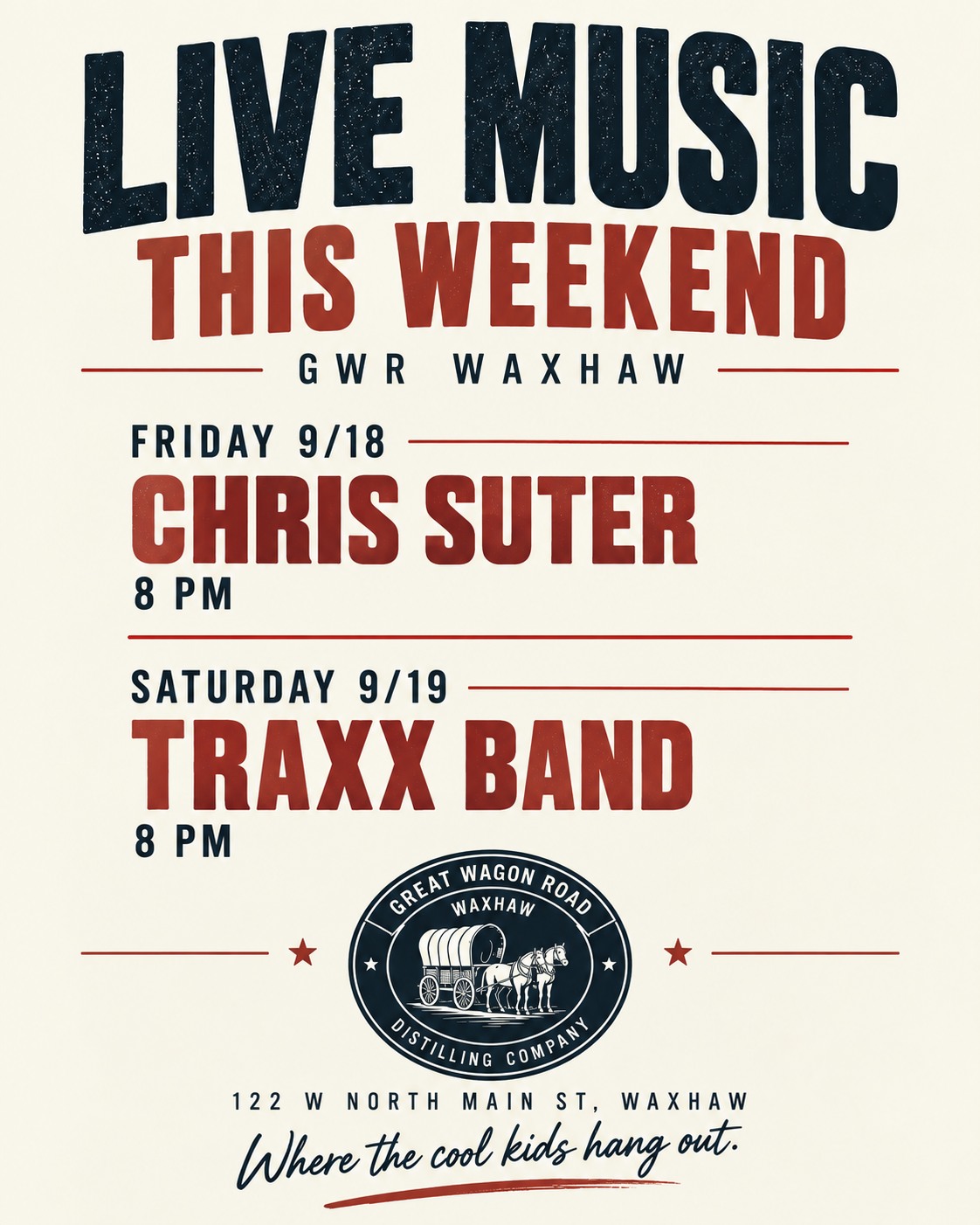 LIVE MUSIC THIS WEEKEND AT GWR WAXHAW 🎶
Friday: Chris Suter
Saturday: Traxx Band
Come hang out, grab a drink, and spend the weekend with us.
📍 122 W North Main St, Waxhaw
Where the cool kids hang out.
