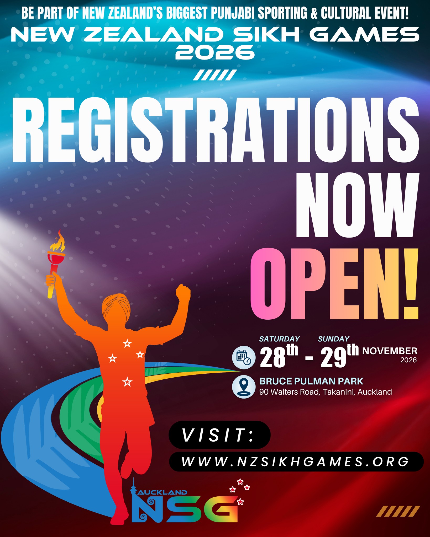 🏆 REGISTRATIONS ARE NOW OPEN! 🏆
Be part of New Zealand’s biggest Punjabi sporting and cultural event, the New Zealand Sikh Games 2026! 🇳🇿
📅 28–29 November 2026
📍 Bruce Pulman Park, 90 Walters Road, Takanini, Auckland
Get your teams ready, register now and join athletes, families and communities from across New Zealand and overseas for an unforgettable weekend of sport, culture and celebration.
🌐 Register now: www.nzsikhgames.org
#NZSikhGames #NZSG2026 #RegistrationsOpen #SikhGames #Auckland #BrucePulmanPark #PunjabiCommunity #Sports #Culture #NewZealand