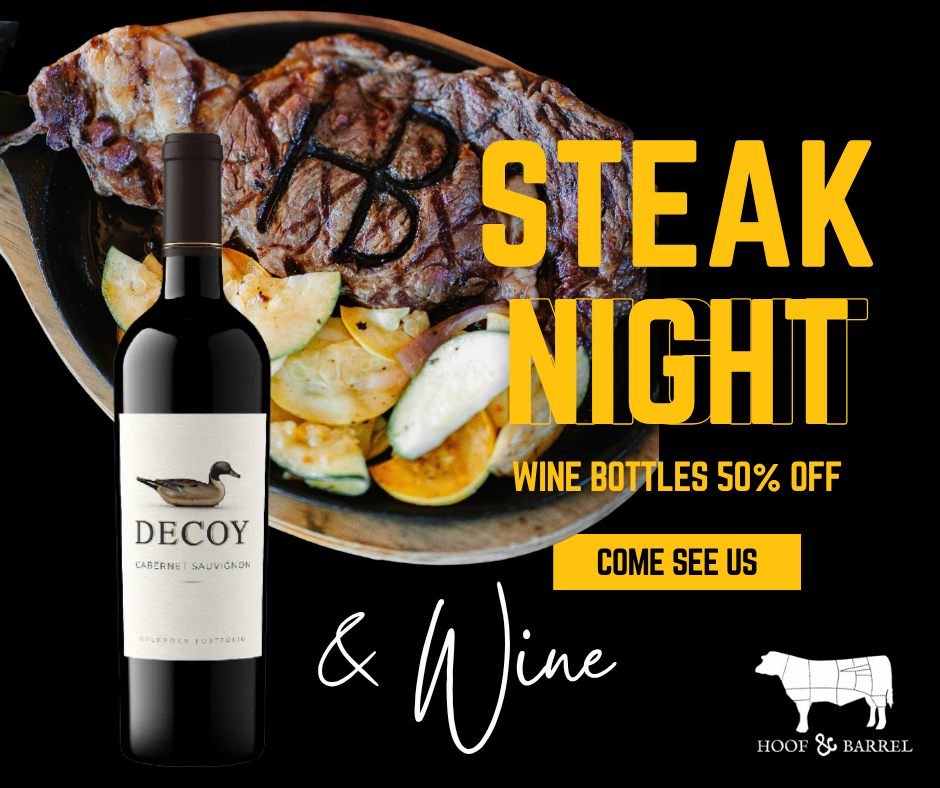 Every bottle is half off tonight at both locations 🍷🍾
Pair it with the Eye O Rib. It's a 14 oz ribeye, hand-cut and char-grilled. Your cardiologist doesn't need to know.
Come see us.
#HoofAndBarrel #Wineday #NicollettesPick #WineWednesday #HalfOffBottles #EyeORib #DateNight #TegaCaySC #YorkSC