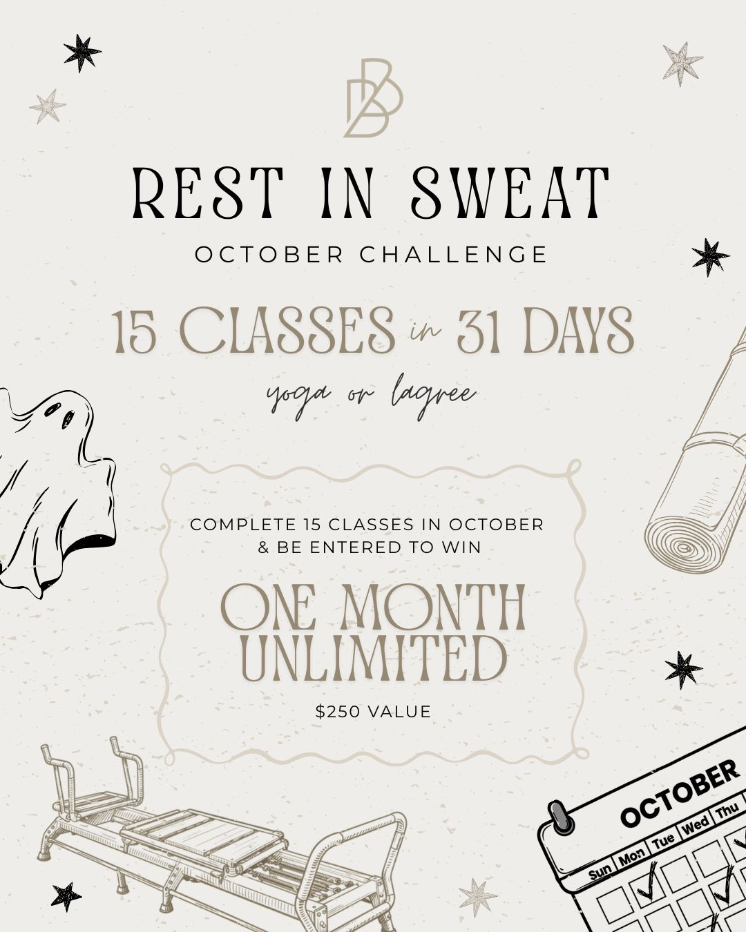This October, we’re challenging you to complete 15 classes in 31 days—Yoga, Lagree or a little bit of both! Pick your poison!
Complete the challenge and you’ll be entered to win:
✨ ONE MONTH UNLIMITED
✨ $250 VALUE
How to join:
> Open the Breathe + Bend app
> Tap the trophy icon at the bottom
> Select the Challenges tab
> Choose Upcoming
> Tap Join Challenge
That’s it—you’re in! Now book those classes and get ready to rest in sweat. 💀💦
#BBChallenge #BreatheandBend #hotyogastl #lagreestl