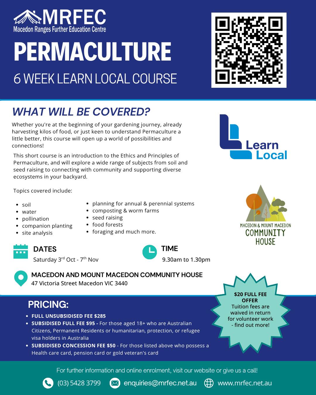 Spring into action and enter the world of Permaculture this term! 🌿🥳
🌿 MACEDON & MOUNT MACEDON COMMUNITY HOUSE - SATURDAYS FROM 3RD OCTOBER!
Our Permaculture course at Macedon & Mount Macedon Community House starts next Saturday, 3 October, running from 9.30am to 1.30pm for six weeks.
Led by our wonderful tutor Emily, and with a volunteer fee option of just $20 for the full course, it's a fantastic opportunity to get inspired this spring and learn practical ways to create a thriving, sustainable garden.
🌿 LANCEFIELD NEIGHBOURHOOD HOUSE - TUESDAYS FROM 13TH OCTOBER!
For those a little further afield, or unable to attend in Macedon, we'll also be running Permaculture at Lancefield Neighbourhood House, commencing Tuesday 13 October from 10.00am to 1.30pm (six weeks). This course is facilitated by another of our wonderful tutors, Clair, and covers the same content.
For further information or to enrol, visit our website at www.mrfec.net.au, give us a call on (03) 5428 3799, or simply reply to this email. Please also see the attached flyers and Course Guide for more details. 🙂