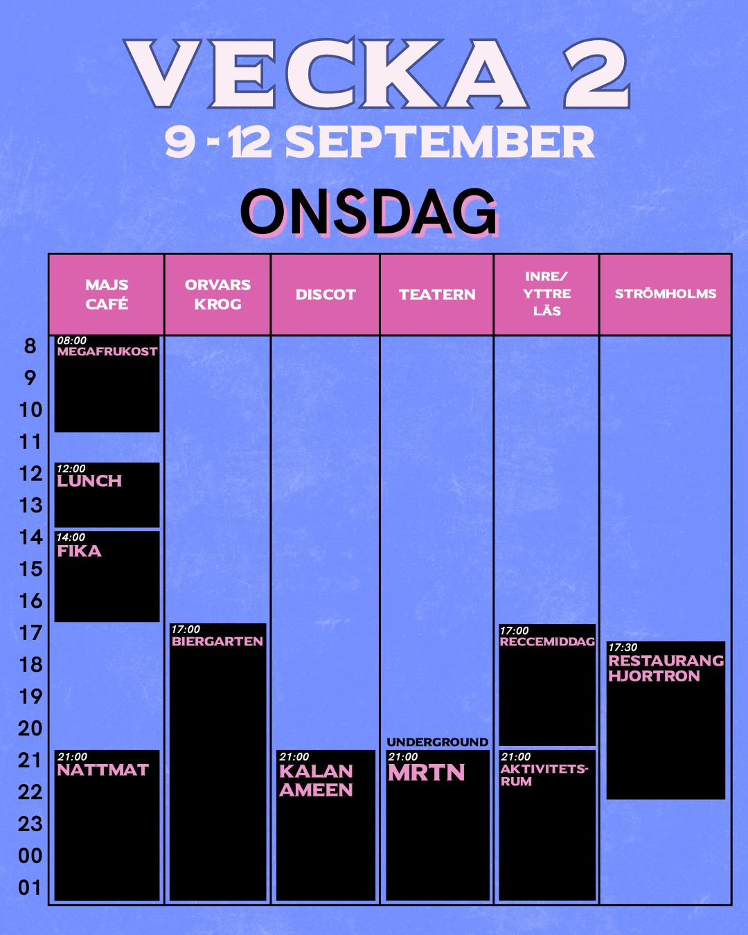 ⭐SCHEMA ⭐
Låt oss presentera det fullspäckade schemat för RecceFestivalens andra vecka!
🌊Du kan köpa förköpsbiljetter till alla sex festivaldagar i Norrlands nations kansli fram till respektive dag. Med förköpsbiljett bryter du kön fram till 22:00. Därefter fungerar biljetten som betalning. Självklart kan du även betala ordinarie pris i entrén, utan biljett.
Detta vill ni inte missa!
ID och nationskort krävs.
___
⭐SCHEDULE ⭐
Let us present the jam-packed schedule for the second week of RecceFestivalen!
🌊You can purchase advance tickets for all six festival days at the Norrlands Nation office until the day of the event. With an advance ticket, you can skip the line until 22:00. After that, the ticket serves as payment. Of course, you can also pay the regular price at the entrance without a ticket.
You won’t want to miss this!
ID and nation card required.