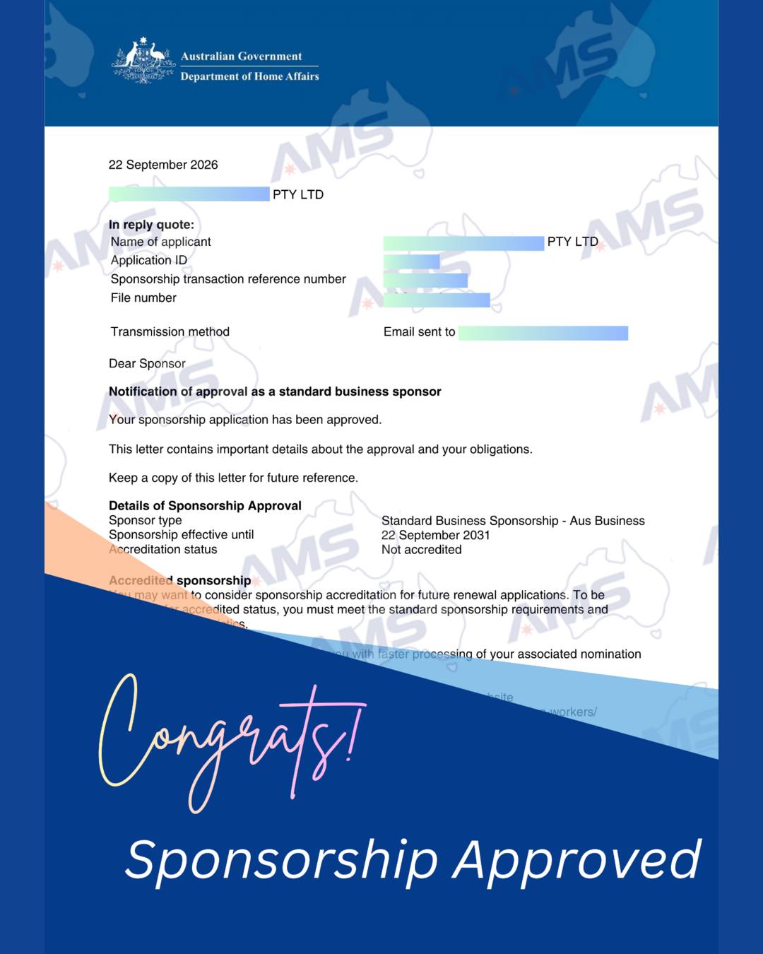 🎉 Another great result — Standard Business Sponsorship approved!
This employer first approached AMS in July to apply for Standard Business Sponsorship (SBS).
From the beginning, the employer was highly responsive and provided all required documents quickly and carefully. With smooth communication and thorough preparation, our team was able to lodge the application just one day after the service agreement was signed.
After approximately two months, the approval has arrived! The employer is now officially approved as a Standard Business Sponsor for five years.
Thank you to the employer for trusting AMS and working closely with our team throughout the process. A successful outcome like this comes from strong cooperation and careful preparation on both sides.
Our work continues as we assist the employer with the next steps—the nomination and visa applications.
Congratulations to the employer! We look forward to sharing more good news soon. 🎊
Every application is different. Processing times and outcomes are determined by the Australian Department of Home Affairs.
#AustraliaMigrationServices #AMS #StandardBusinessSponsorship #SBSApproved #EmployerSponsorship #EmployerSponsoredVisa #482Visa #AustralianVisa #MigrationAustralia #AustralianImmigration #VisaSuccess #MelbourneMigrationAgent #RegisteredMigrationAgent #WorkInAustralia #SponsorWorkers
