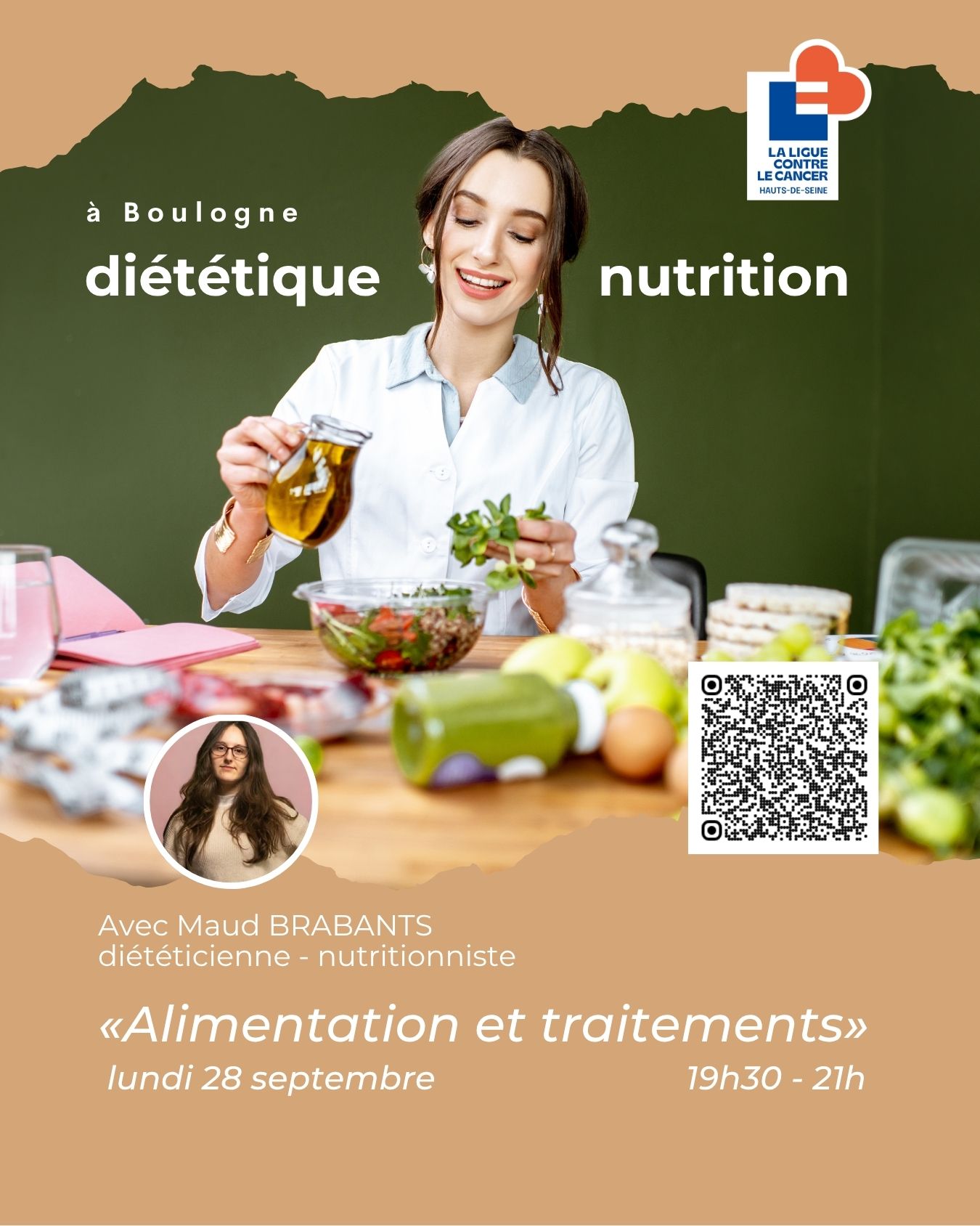 Si vous êtes concerné par cet atelier offert par La Ligue Contre le Cancer des Hauts-de-Seine et @evoleoz_oseretresoi, inscrivez-vous dès maintenant.
Maud Brabants, diététicienne-nutritionniste, vous éclairera sur l'alimentation à mettre en place face aux traitements :
"Goût modifié, nausées, mucites, troubles de la déglutition, perte d’appétit, fatigue… Comment adapter son alimentation aux effets secondaires afin d’apprécier au mieux son assiette et améliorer sa qualité de vie."
👉 inscription et information : Léa Besson à la Ligue contre le cancer des Hauts-de-Seine
Lea.Besson@ligue-cancer.net - 06 80 24 40 52 ou
Christel Bellier chez Évoléoz : contact@evoleoz.fr - 06 80 25 09 59
Je m'inscris directement : https://www.helloasso.com/associations/ligue-contre-le-cancer-des-hauts-de-seine/evenements/atelier-de-sophrologie-28-septembre-2026-evoleoz-boulogne?fbclid=IwY2xjawUeebRwZG9mAWV4dG4DYWVtAjEwAGJyaWQRMTBQdDBqUGtRbUo5VEtHQWFzcnRjBmFwcF9pZBAyMjIwMzkxNzg4MjAwODkyAAEegkNxkc-QHP03vmEsd50NmWEIt8TqHlmv-cESyyx1ow8PRZ_9IVPzNJcgI1s_aem_R_UTliZTjgkjWhcsGVnwSg
📍 Lieu de l'atelier : Évoléoz Boulogne - 73 rue Marcel-Dassault 92100 Boulogne-Billancourt
Si vous êtes concerné.e ou si vous connaissez des personnes touchées par le cancer, merci de partager l'atelier
@maisonmieuxetrerueil @christel.blr.immo.prestige @murieldehay @liguecontrelecancer92 #accomagnementcancer #combatcancer #cabinetbienetre