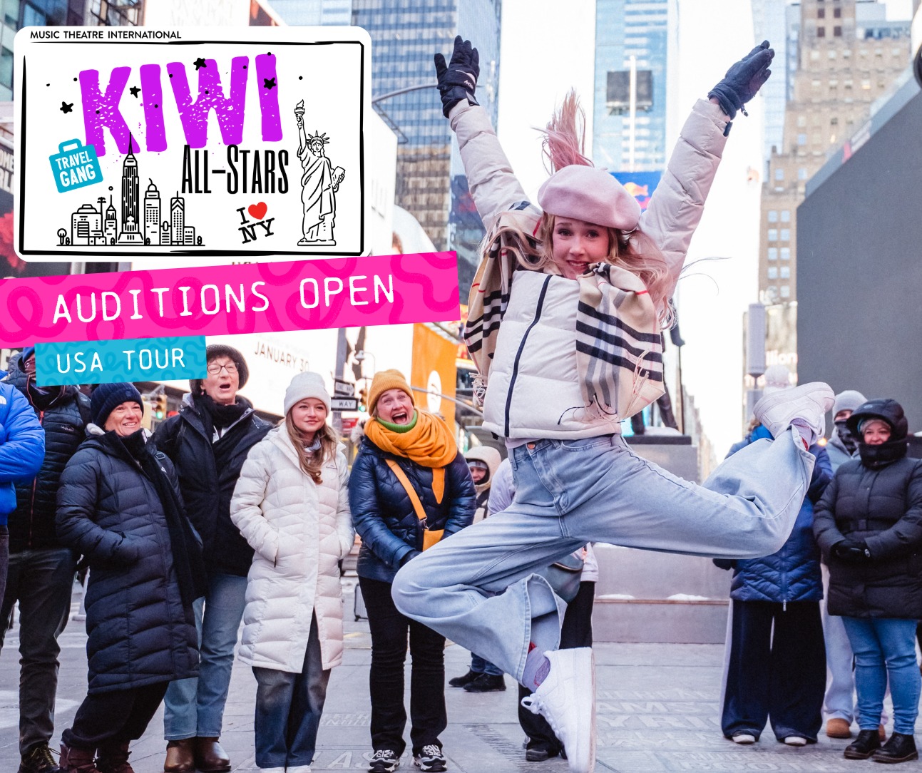 WE'RE ON THE LOOK OUT FOR THE NEXT KIWI ALL-STARS!
In January/ February 2028, the Kiwi All-Stars will be going to New York, Sacramento (JTF West) and Los Angeles ✈️
Auditions take place each year as part of the Junior Theatre Festival New Zealand
MORE INFORMATION HERE THROUGH OUR WEBSITE