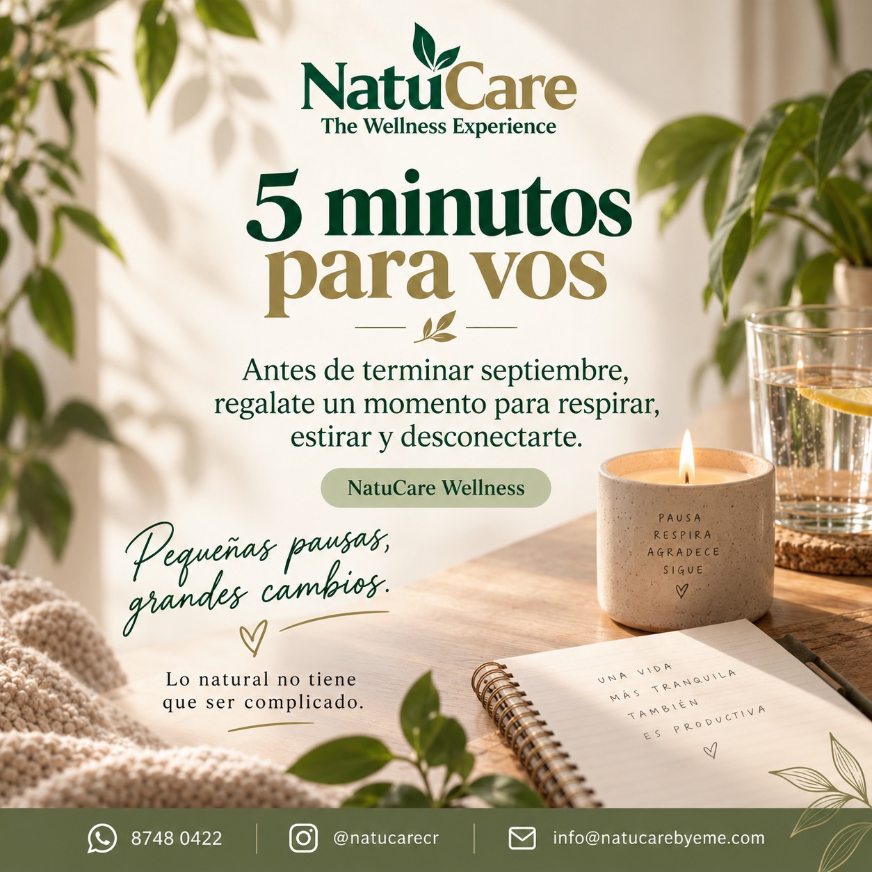 🌿 Antes de terminar septiembre, regalate 5 minutos para vos.
A veces no necesitamos hacer grandes cambios para empezar a sentirnos mejor. Un momento para respirar, estirar y desconectarnos también puede transformar nuestro día. 🤍
Pequeñas pausas, grandes cambios.
NatuCare Wellness
Lo natural no tiene que ser complicado.
📲 8748 0422
📧 info@natucarebyeme.com
Instagram: @natucarecr
#NatuCare #NatuCareWellness #Bienestar #Autocuidado #VidaConsciente #Pausa #TheWellnessExperience