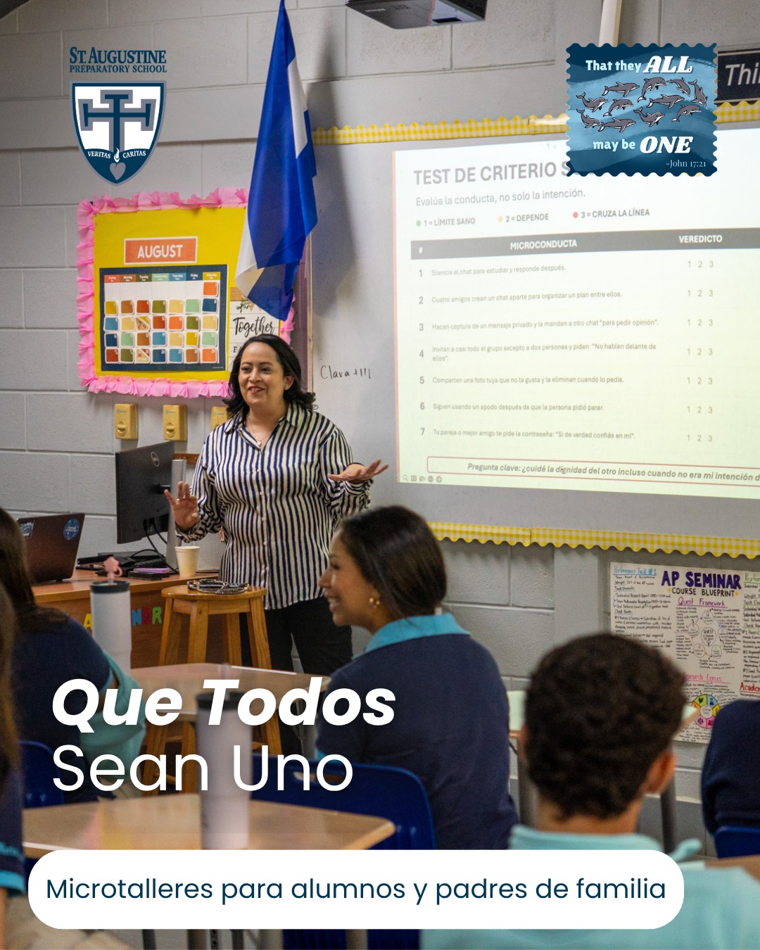 Como parte de nuestro programa "Que Todos Sean Uno" les compartimos algunos de los microtalleres impartidos por la Lic. Marcela Escoto y la Lic. Silvia Herrera (mamá del colegio, Clase 2024 y Clase 2026) para nuestros alumnos de 4to a 12mo grado. También se impartieron sesiones especiales para padres de familia de los grados 4to a 9no. Estos talleres tienen como meta fortalecer entre todos los miembros de nuestra comunidad un mayor sentido de unidad y compañerismo. Queremos seguir construyendo la convivencia sana y positiva que ha caracterizado a nuestro colegio. #GoDolphins #TogetherAsOnePod