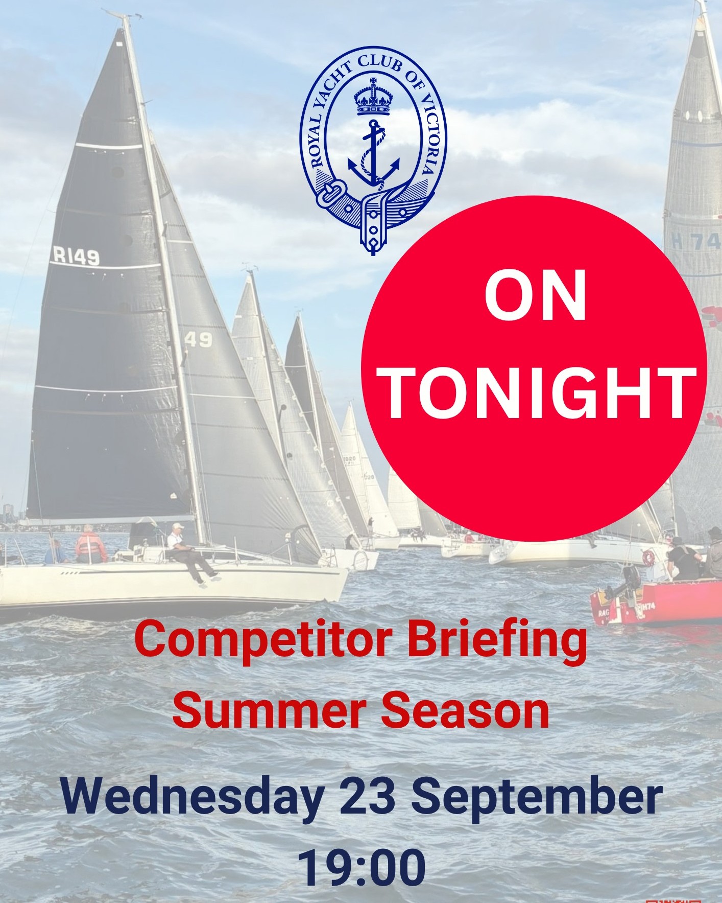 SEASON BRIEFING | TONIGHT | 7PM
The new sailing season is almost here!
Join us tonight at 7pm for the Season Briefing and hear what’s planned for the season ahead, important updates and what’s new on the water.
And while you’re here, make a night of it - it’s $20 Wednesday! Come in early and enjoy dinner before the briefing.
Can’t make it tonight? We’ve still got your lunch covered - $20 Wednesday lunch is on from midday.
See you at the Club!
Bookings - https://bit.ly/SB26RYCV
