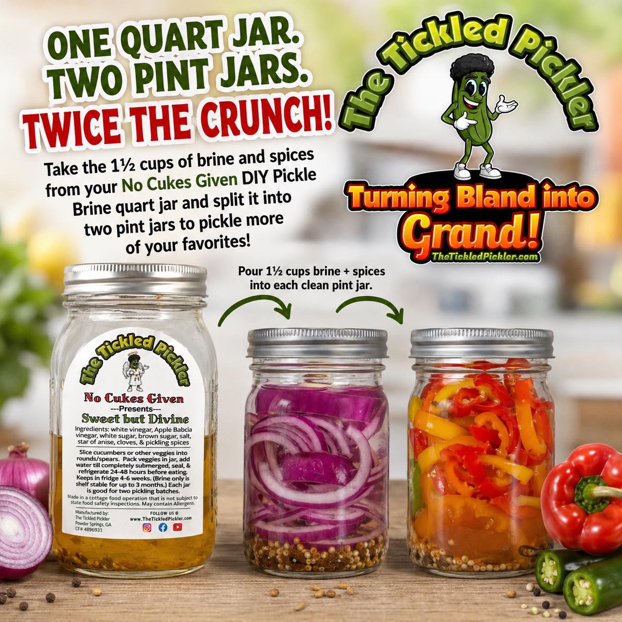Splitting your DIY Pickling Brine Kit? Here’s the right way to do it. 🥒
Your kit comes with 1½ cups of 5% brine — enough to fill two pint jars with ¾ cup each. Add a cup of veggies to each jar, don’t stress if the spices aren’t split perfectly evenly (the flavor carries over regardless), and keep water to a HALF CUP max per jar. Any more and you’ll water down that 5% acidity you need for a proper pickle.
Pop them in the fridge and give it 48-72 hours minimum before you dig in — patience makes the pickle. And don’t toss that brine when the veggies are gone: it’s good for a second batch, so restock the jar and let it work its magic all over again.
Two jars, two flavors, twice the use. Full instructions on the site!
- Recipe: https://www.thetickledpickler.com/recipes/how-to-split-your-diy-pickling-brine-kit-into-two-jars
- Blog: https://www.thetickledpickler.com/post/how-to-split-your-diy-pickling-brine-kit-into-two-jars
#TheTickledPickler #TurningBlandIntoGrand #DIYPickling #PicklingBrine #PickleTips #HomePickling #SmallBatchPickles #FermentationNation #nocukesgiven #livevinegar