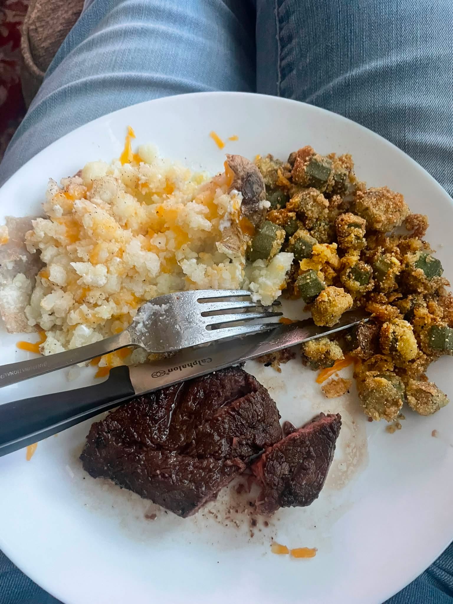 Not a great pic, BUT last night’s dinner was so good! Steak, baked potato, and home fried okra! That’s the Texas way, baby! 🤠