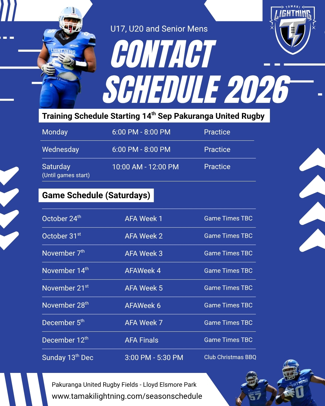 🏈 GET READY FOR CONTACT SEASON!
The season is officially underway, and after a great turnout at our muster, it’s looking to be an epic one!
Here’s what you need to know:
📅 Training Starts: Monday, September 14th
📍 Location: Pakuranga United Rugby Fields (Lloyd Elsmore Park)
⏰ Training Schedule:
Mondays: 6:00 PM – 8:00 PM
Wednesdays: 6:00 PM – 8:00 PM
Saturdays: 10:00 AM – 12:00 PM (until games start)
🏆 First Game: Saturday, October 24th
We are still welcoming both new and returning players across U17, U20, and Senior Mens. Bring your mates, grab your gear, and get amongst it!
✍️ Registrations are Open: If you know you're playing this season, get registered now! Link in bio or visit www.tamakilightning.com