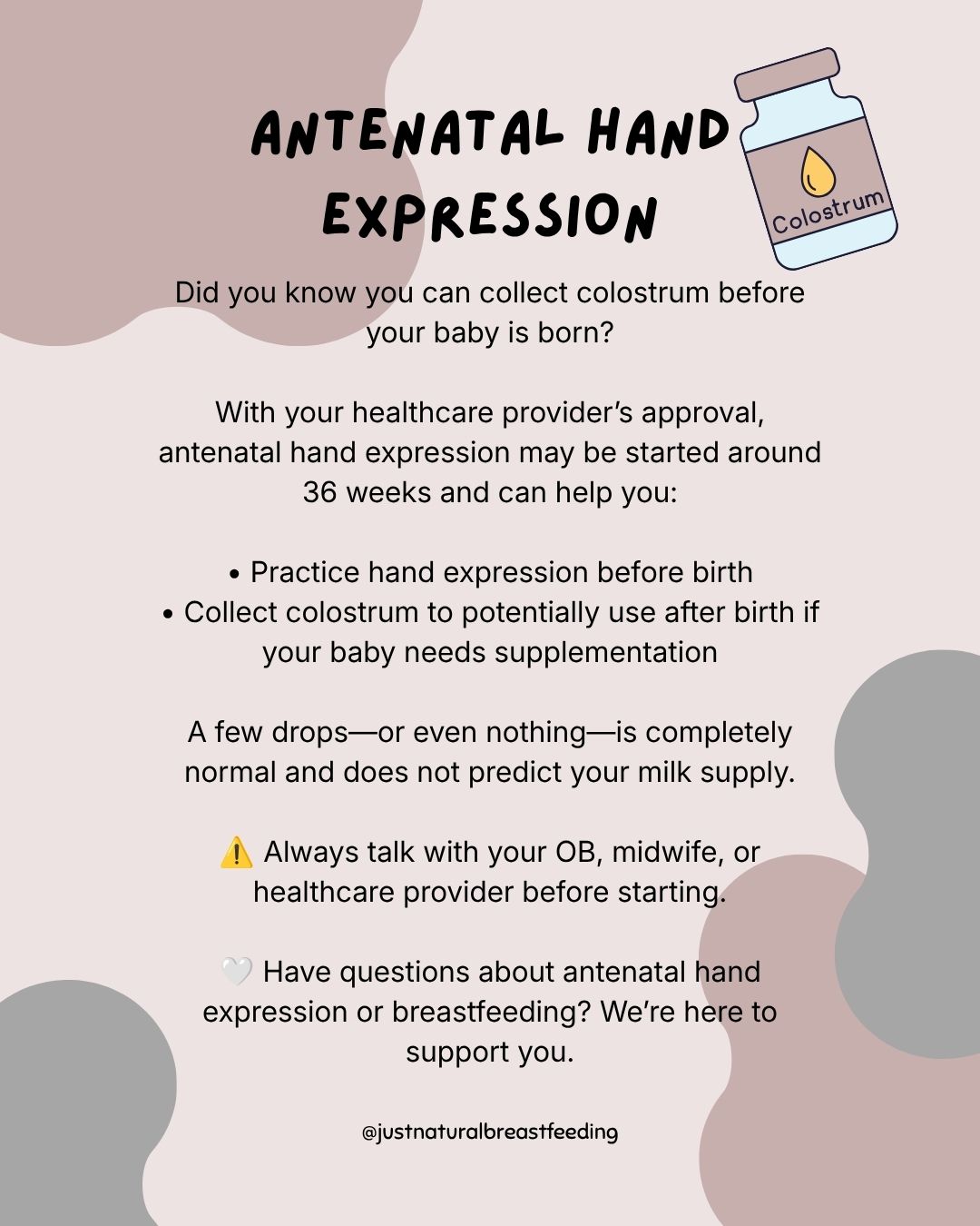 🤰 Collecting colostrum before birth? 🍼
Always check with your healthcare provider first. 🤍
Questions? We’re here to help! 🫶
#justnaturalbreastfeeding #antenatalhandexpression #colostrum