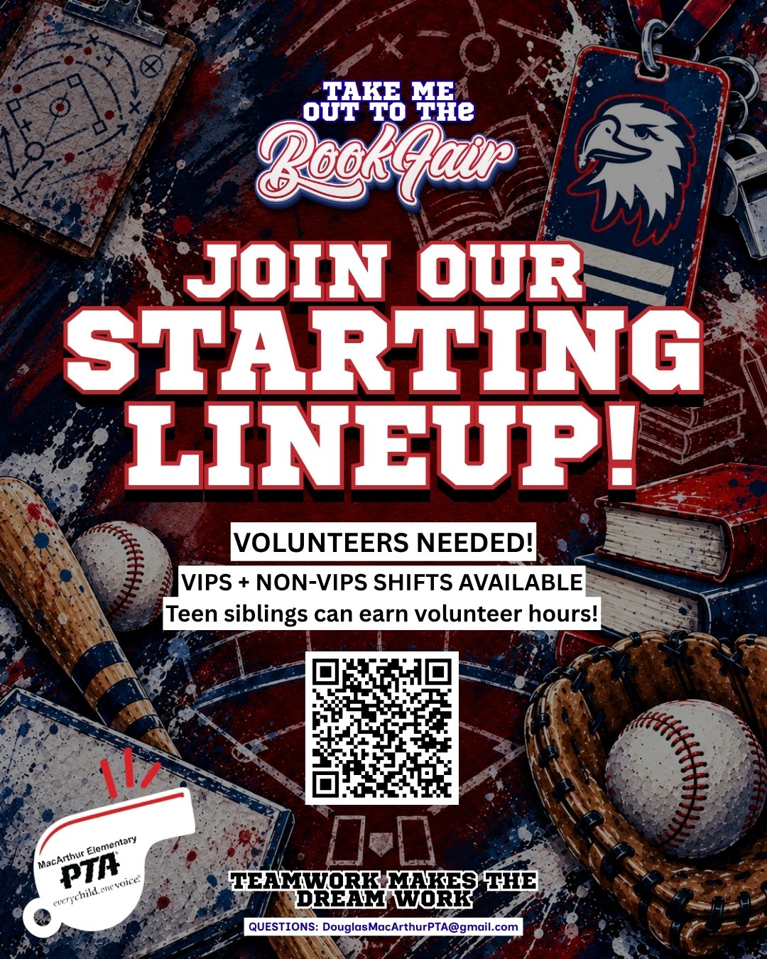 ⚾ CALLING ALL BOOK FAIR MVPs! 📚
We’re building our starting lineup for Take Me Out to the Book Fair, and we need volunteers to help make it a home run!
Both VIPS and non-VIPS shifts are available, so everyone has an opportunity to get in the game. Have a teen at home who needs volunteer hours? Teen siblings are welcome to sign up too!
Scan QR code or sign up through the link in our bio.
Every fundraiser is part of the same winning game plan! Funds raised throughout the year support field trip buses, school programs, school events, community events, and Kinder and 5th grade promotions—thank you for being part of the team, because teamwork makes the dream work!
