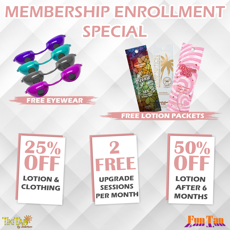 ✨ JOIN NOW & GET YOUR STARTER PACK FREE! ✨
Now through October 2nd, enroll in an EFT Membership and get your eyewear + starter pack of lotions FREE!
Whether you’re looking for tanning, red light therapy, or spray tans, our memberships are an easy, affordable way to enjoy your favorite services while unlocking some great perks:
☀️ 25% OFF all lotion & clothing purchases
✨ 2 FREE upgrade sessions every month
🧴 50% OFF lotion after your 6th paid month
🎁 FREE eyewear + lotion starter pack when you enroll by October 2nd!
EFT memberships are automatically billed to your credit or debit card each month, making it simple to keep your membership active and enjoy your benefits.
Need to take a break? After your 6th payment, you can freeze your membership for up to 6 months per year—perfect if you use our services seasonally or need time off for travel, surgery, or other life events.
Find the membership that fits you and start enjoying more benefits for less!
Offer ends October 2nd. Some restrictions may apply.