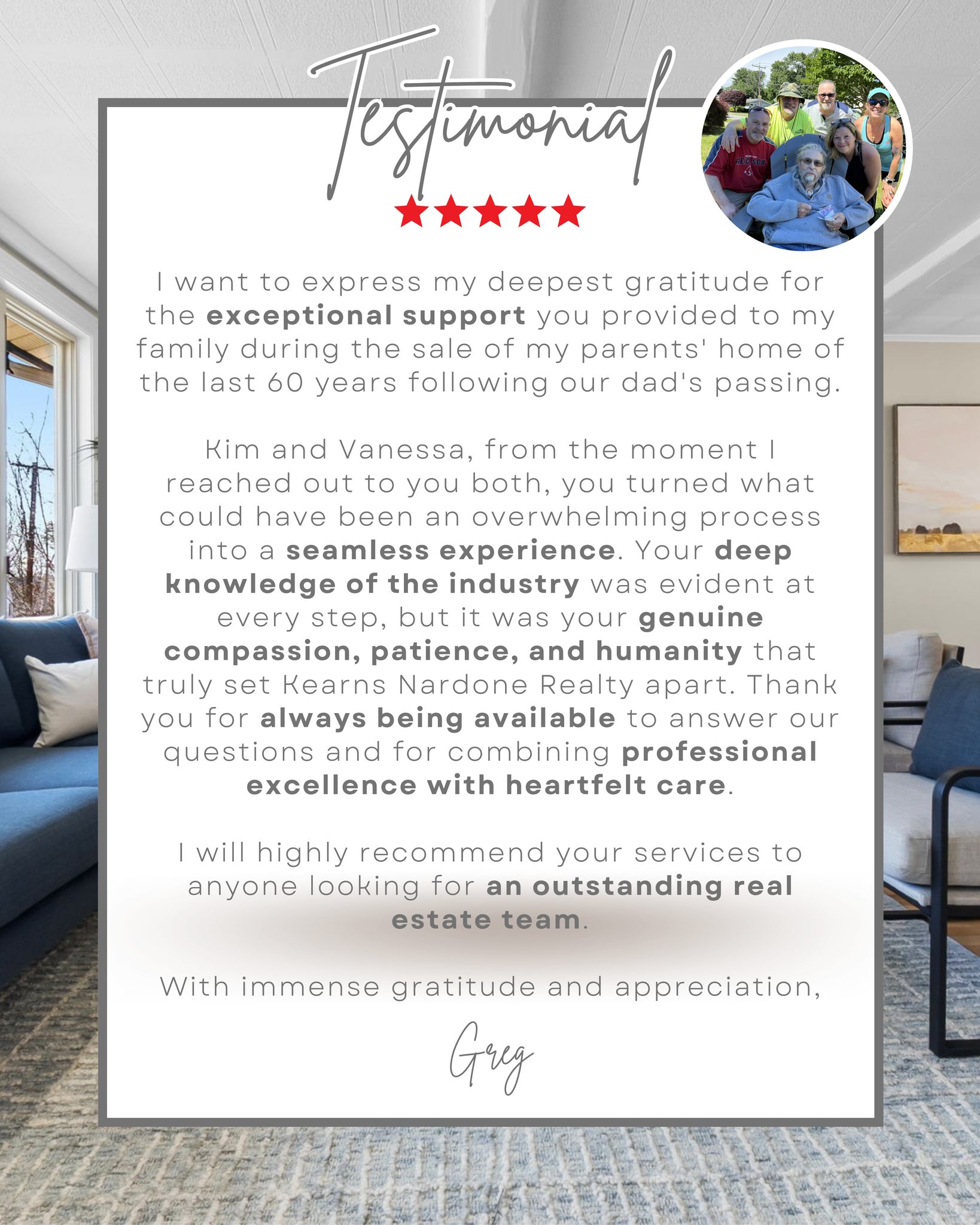 A home of 60 years holds a lifetime of memories. The everyday moments, family traditions, and love make a place irreplaceable. Saying goodbye to that home after losing a parent carries so much emotion, and we were deeply honored to help this very special family through that transition.
Thank you for trusting us with your parents’ home and for allowing us to be by your side during such a tender time. We knew how much this home meant to your family, and our hope was to make each step feel a little less overwhelming by offering answers, patience, and a listening ear whenever you needed us.
Your heartfelt words mean more to us than we can fully express. To know that you felt supported and cared for is the greatest compliment we could receive. We will always be grateful for your trust and the connection we share. ❤️
With heartfelt thanks,
Kim & Vanessa
#KearnsNardoneRealty #ClientTestimonial #HeartfeltGratitude #ThankYouForYourTrust #MoreThanAHome #RealEstateWithHeart #YourNeighborhoodRealtor