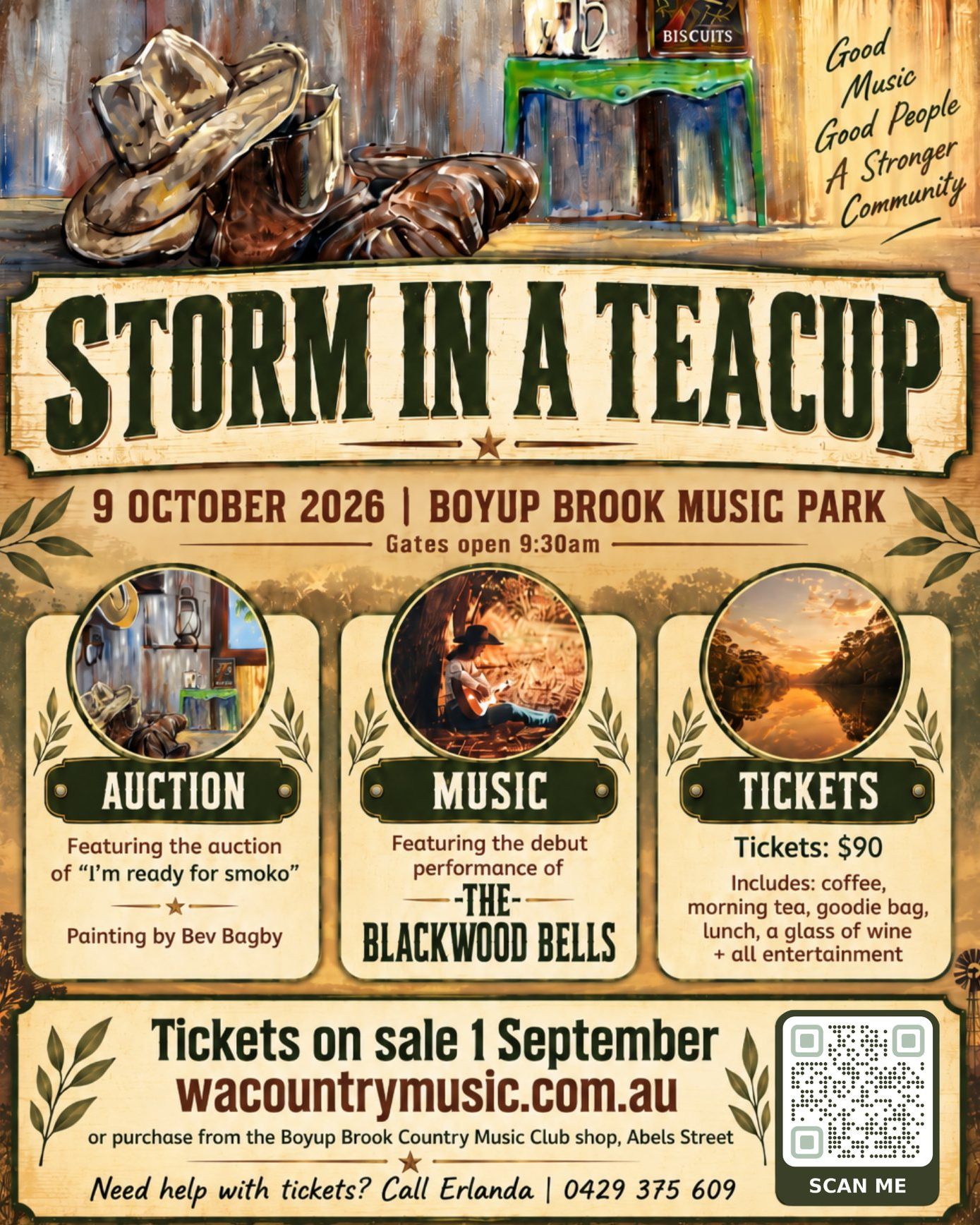 ✨ Storm in a Teacup is back for its 15th year! ✨
Under our new umbrella, the Country Music Club of Boyup Brook invites you to join us for a beautiful day of connection, inspiration and country hospitality at the Boyup Brook Music Park.
🌿 Uplifting speakers
👢 Bootscooting
🎶 Live music
🥂 Lunch + wine
🛍️ Stalls
🎁 Goodie bags
💛 Plenty of time to connect, laugh and enjoy the day
📅 Friday, 9 October 2026
📍 Boyup Brook Music Park
🎟️ Tickets: $90
Book your ticket here 👉 https://www.wacountrymusic.com.au/storm-in-a-teacup
#StormInATeacup #BoyupBrook #LadiesDay #CountryMusic #MentalHealthWeek
