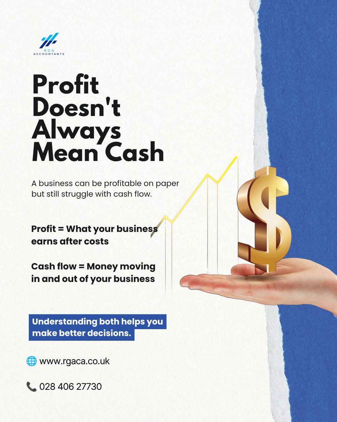 Profit and cash flow are not the same thing.
You can have a profitable business and still experience cash flow problems if customers haven't paid yet or large expenses are due.
Understanding both gives you a much clearer picture of your business's financial health.
Need help making sense of your numbers? We're here to help.
#CashFlow #BusinessProfit #BusinessFinance #FinancialManagement #SmallBusinessNI #AccountantsNI #RGAAccountants