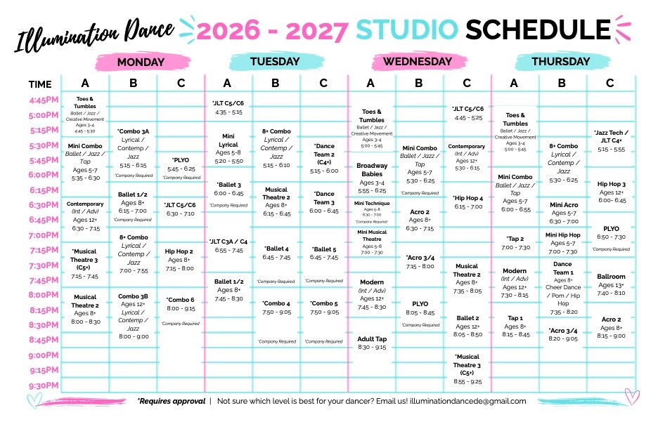 📣 Registration is STILL OPEN for the 2026–2027 Dance Season! 💃✨
Looking for a class for your dancer? We still have availability in these classes! 🎉
✨ Current Openings:
• Combo 3B (Ages 12+)
• Ballet 1/2 — Tuesday
• Acro 2 — Wednesday
• Mini Technique
• Mini Musical Theatre
• Musical Theatre 2 — Wednesday
• Modern — Ages 12+ Wednesday
• Ballet 2 — Wednesday
• Adult Tap
• 8+ Combo — Thursday
• Tap 1 & 2
• Ballroom — Ages 13+
• Acro 2 — Thursday
💜 Don’t miss out on a year of dancing, growing, and making memories!
➡️ View the schedule & register:
https://www.illuminationdance.com/26-27season
We can’t wait to dance with you this season! 💜✨