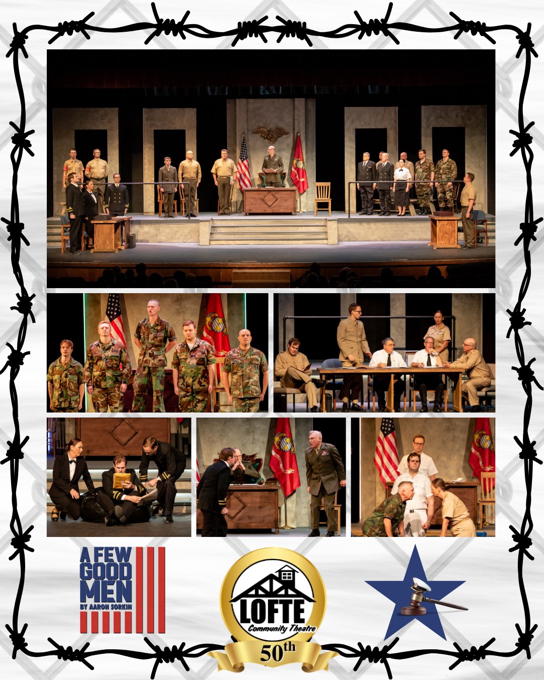 There are only 2 more chances to see "A Few Good Men," and that's the truth - can you handle it? Get tickets now, while you still can! Get tickets at lofte.org/tickets or call 402-234-2553. Remaining performances are September 10, 11, 12, & 13. Shows start at 7:00 on Thursdays, Fridays, and Saturdays, and at 2:00 on Sundays. The concession stand will open 1 hour before the show starts, and the house will be open for seating at this time as well.
More about A Few Good Men: Aaron Sorkin’s groundbreaking debut tells the story of a group of military lawyers assigned to defend two Marines in Guantanamo Bay. During the course of the trial, they uncover a high-level conspiracy designed to eliminate weaker soldiers in the name of patriotism. These lawyers will go to great lengths to get the truth, but can they handle it? Recognizing our nation’s 250th birthday, we celebrate the armed forces with this classic play. We suggest considering this show rated R due to strong adult language and depictions of violence.
.
.
.
.
.
#Lofte #TheLofte #BornInABarn #LofteTheater #CommunityTheater #CommunityTheatre #Volunteer #Nebraska #CassCounty #Lincoln #Omaha #WeepingWater #Manley #theatre #theater #live #livetheater #livetheatre #drama #courtroomdrama #afewgoodmen #youcanthandlethetruth