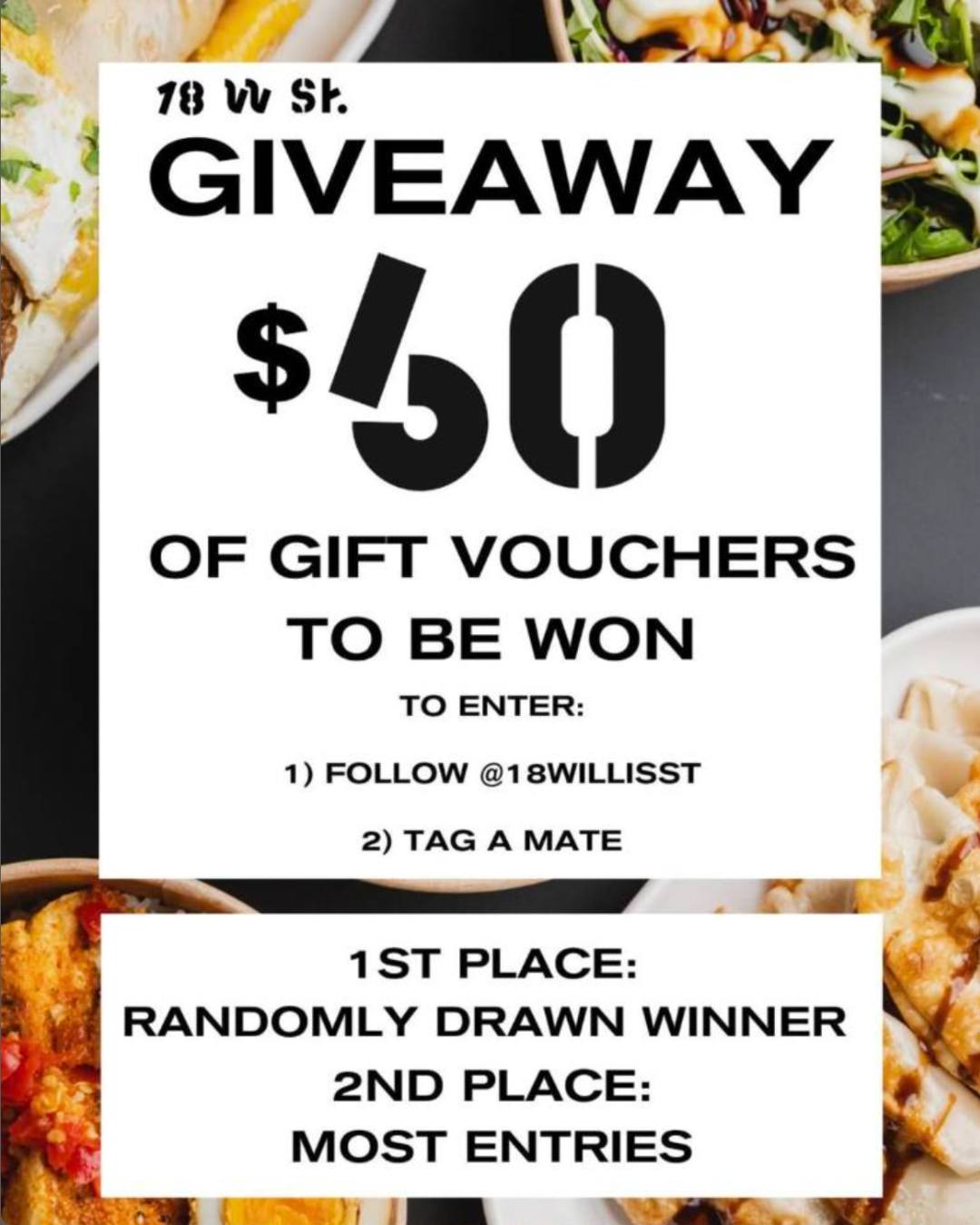 GIVEAWAY TIME 🚨
We’re giving away $60 of 18 Willis St gift vouchers – and you could be one of the lucky winners!
To enter:
1. Like this post
2. Follow @18willisst
3. Tag a mate you’d take out for lunch at 18 Willis St.
1 comment = 1 entry
🥇 1st Place - $40 – Randomly drawn winner
🥈 2nd Place - $10 – Top commenters on IG and FB
Winner drawn on Monday 21st of September.
Disclaimer: This promotion is no way sponsored, endorsed, administered by or associated with Facebook (or Instagram).
All giveaways will be run by the official page @18willisst, please be wary of spam accounts impersonating the page and asking for personal information.
Winner will be messaged from our official account @18willisst, Please be wary of spam accounts.
#18WillisSt #WellingtonNZ #Giveaway #WellingtonEats #TagAMate