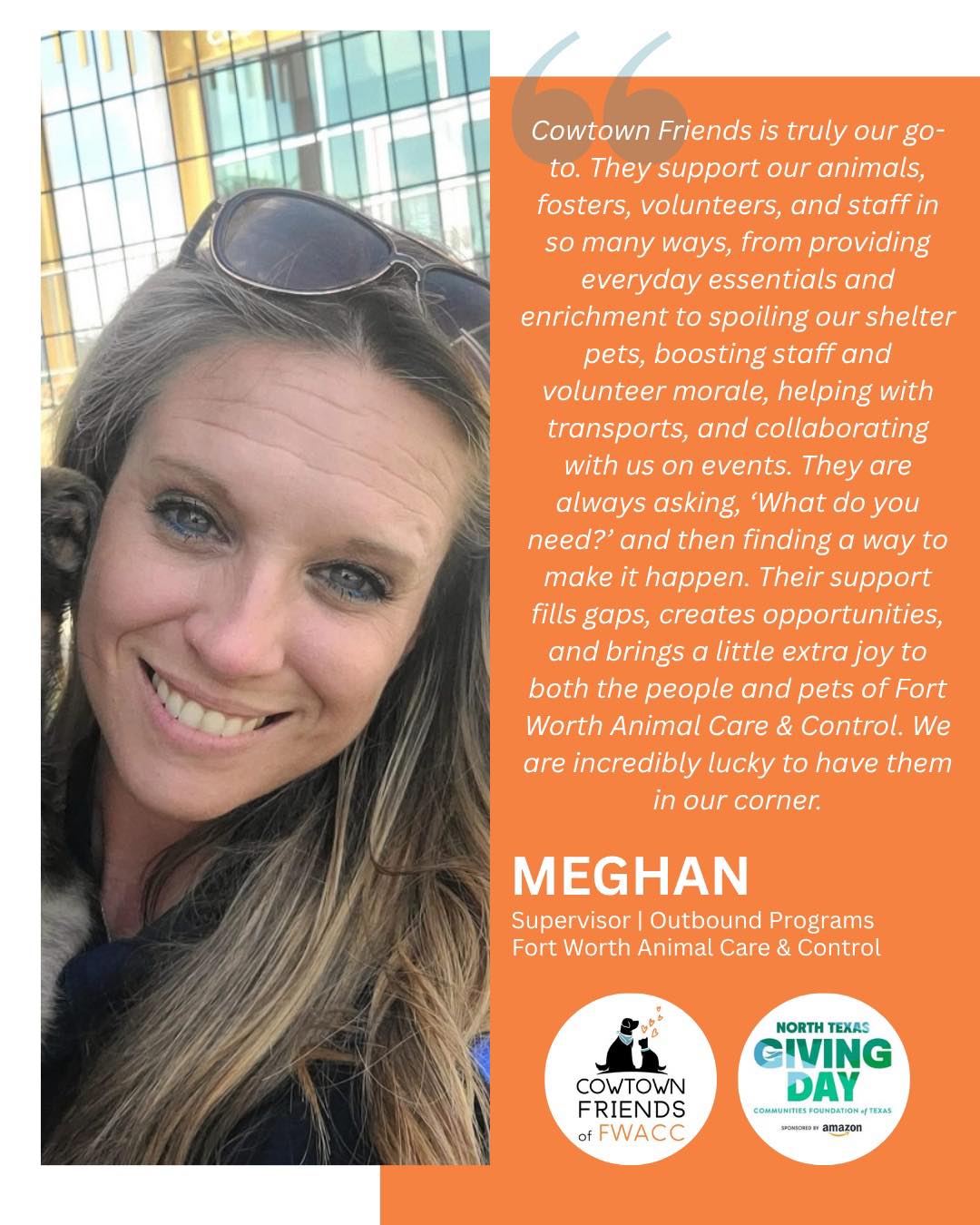 This North Texas Giving Day, we’re giving thanks for the people who make a difference for the animals of @fortworthacc. 🐾
We are especially grateful for people like Meghan, who sees firsthand what Cowtown Friends means to the shelter and the people and pets who depend on it.
As Meghan says, “They are always asking, ‘What do you need?’ and then finding a way to make it happen.” 🥹
That’s exactly why we do what we do. From everyday essentials and enrichment to supporting fosters and volunteers, helping with transports, creating opportunities for shelter pets, and bringing a little extra joy to the shelter—we’re proud to be in their corner.
North Texas Giving Day is your chance to be in our corner, too. Your gift helps Cowtown Friends continue saying YES when FWACC asks for help.
🐾 Give. Share. Support. Help us keep showing up for the animals who need us most.
🔗 Visit the link in our bio to donate!
#CowtownFriends #FWACC #FortWorthAnimalCareAndControl #FortWorth #SupportShelterPets #RescueDogs #GiveWhereYouLive