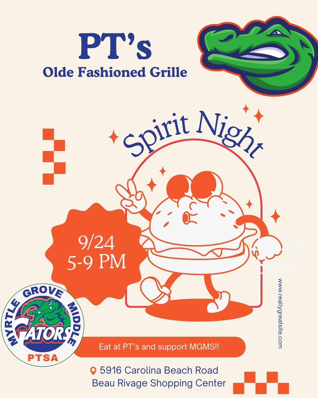 Hit that easy button on dinner tomorrow/Thursday π―! Join us for the September Spirit Night @ PTs Grille π! Be sure to mention MGMS and part of the proceeds goes right back to our school.
See you there, Gators πππ§‘!