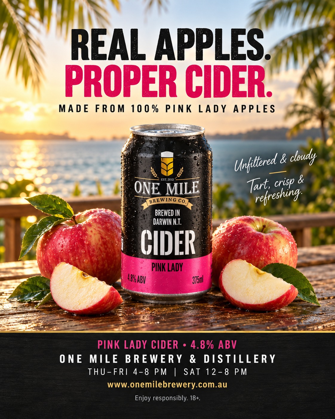 🍎 REAL APPLES. PROPER CIDER. 🌴
Made from 100% Pink Lady apples, our One Mile Pink Lady Cider is unfiltered, cloudy and full of apple character.
Tart, crisp and refreshing, this 4.8% beauty is right at home at a backyard BBQ, over a yarn with mates or alongside a cracking Territory sunset. ☀️
Proudly brewed in Darwin. Come give this local a go!
📍 One Mile Brewery & Distillery, Winnellie
🕓 Thursday–Friday: 4–8 pm
🕛 Saturday: 12–8 pm
🌐 www.onemilebrewery.com.au
#OneMileBrewery #PinkLadyCider #RealApples #DarwinBrewed #TerritoryMade #SupportLocal
Enjoy responsibly. 18+