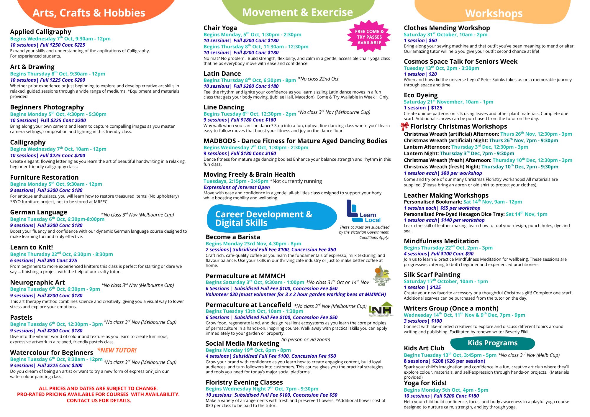 It's not long until TERM 4 🥳
Our first classes start from Monday the 5th October.
With our usual variety of classes and some exciting new additions, there is something for everyone this term - including you!
Free Come & Try's for all of our movement & exercise classes are available this term, as well as a suite of events to celebrate the Victorian Seniors Festival this October. Late-enrolments are welcome, with pro-rated pricing available.
For further information and enrolment, our website, in-person at our centre or over the phone by calling 03 5428 3799. We look forward to seeing you soon! 😁👏