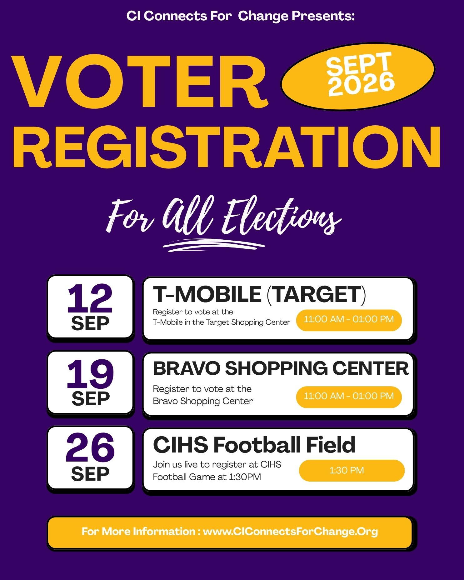 CI Connects wants to make sure your voice is heard! Not just during big years, but every year. That’s why we’re hosting Voter Registration every remaining Saturday in September.
🗳️ Being registered to vote isn’t just for presidential elections. Local and state races determine things like schools, infrastructure, public safety, and how our tax dollars are spent. Even non-federal elections affect your daily life.
👥 Showing up in off years builds civic power. It means decisions are made by people who really represent our communities.
✅ Stop by, get registered, stay registered. Let’s protect our voice and make change happen—every election, every Saturday this September.
#CIConnects #EveryVoteCounts #LocalElectionsMatter #StayRegistered
51w