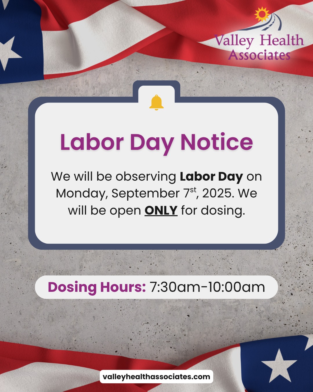 Happy Labor Day!πΊπΈβ¨
Valley Health Associates will be observing Labor Day on Monday, September 7th.
Please note that our office will be open ONLY for dosing from 7:30 AM to 10:00 AM. Regular business operations will resume following the holiday.
Wishing everyone a safe and restful Labor Day weekend!
#ValleyHealthAssociates #MontereyCounty #VHA #NonProfit #LaborDay
