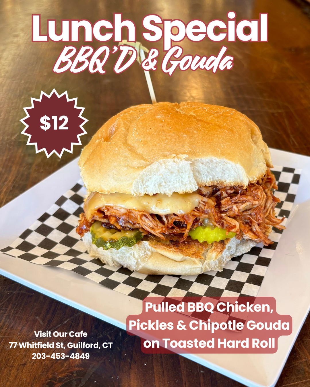 Smoky, saucy, sweet, and stacked just the way we like it! Our “BBQ'D & Gouda" is loaded with shredded BBQ chicken, melty Chipotle Gouda, crunchy pickles & served on a toasted hard roll. All for just $12!
Order online for faster pickup, DoorDash, or call in!
📞(203)-453-4849
📍 77 Whitfield St, Guilford, CT
#summerlunches #GuilfordEats #GuilfordCT #CTEats #LunchInCT #DeliSpecial #EatLocalCT #shorelineeats #marketplaceguilford #guilfordgreen #thisisguilford #yourmarketyourplace #eventcatering #theguilfordmarketplace #guilforddelivery
#PulledChicken #DeliSpecial #SpecialOfTheWeek #BBQChicken #ChickenSandwich #DeliSandwich #SandwichLovers #LunchGoals #ComfortFood #BBQSeason #SavoryBites #FreshMade #MadeToOrder #DeliLife #SupportLocal