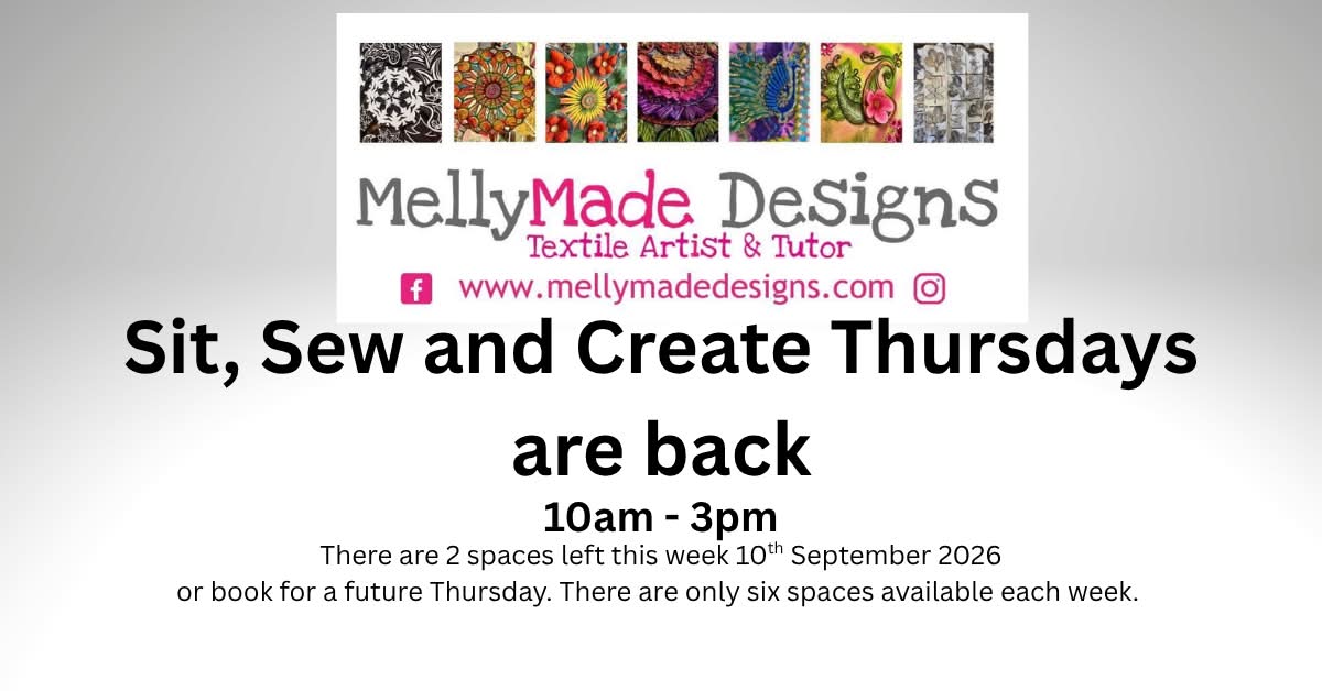 Sit, Sew and Create is back every Thursday from 10am – 3pm at the studio, 16 Main Street, Littleport. CB6 1PJ
Bring your own projects, whether it be stitching, knitting, crochet, journaling etc.
Refreshments (and a cheeky, homemade cheese scone) will be available throughout the day but please bring your own lunch . It will be lovely to see you.
Click on the link to book, only six spaces spaces are available each week.
https://www.mellymadedesigns.com/product-page/sit-sew-and-create-thursday-10th-september
