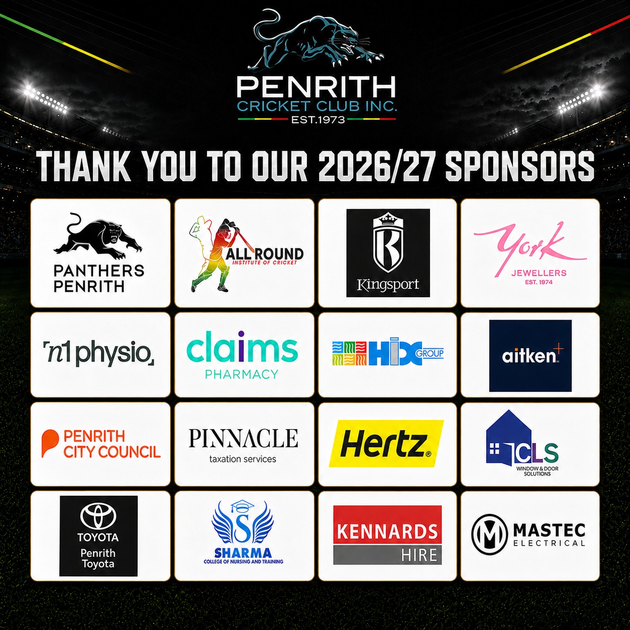🐾 𝐓𝐇𝐀𝐍𝐊 𝐘𝐎𝐔 𝐓𝐎 𝐎𝐔𝐑 𝟐𝟎𝟐𝟔/𝟐𝟕 𝐒𝐏𝐎𝐍𝐒𝐎𝐑𝐒 🐾
Penrith Cricket Club is incredibly grateful for the continued support of our valued sponsors throughout the 2026/27 season.
Their partnerships help make a meaningful difference across every level of our club, supporting our players, coaches, volunteers, facilities and the continued growth of cricket in Penrith.
Please support the businesses that support our club whenever you can.
Thank you for being part of the Panthers family. We are proud to have you on the journey with us.
#PenrithCricketClub #PCC #PenrithPridePerseverance #LTC #LovetheCats