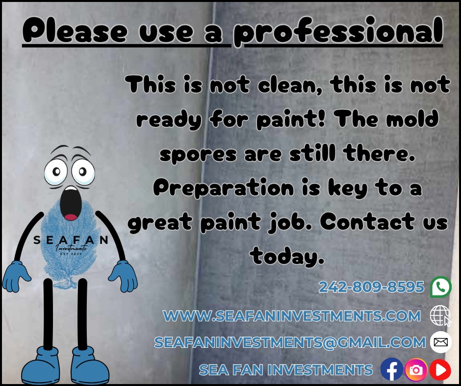 We see some horrible work in our industry from inexperienced or unscrupulous workers. The most common excuse, its only going to get painted! At Sea Fan Investments we believe in doing things the right way. A pressure washer does not remove mold spores. We have chemicals that remove mold at the root.
Want to learn more? Check out our blog on soft washing:
https://www.seafaninvestments.com/post/what-is-soft-washing
We don't just pressure clean! We are your soft washing professionals and provide complete exterior cleaning solutions! Concrete cleaning, house washing, roof cleaning, driveways, windows, decks, docks, pool surrounds, patios, surface sealing, paver restoration, and much more.
We have cleaned homes of all sizes, multi family properties, businesses, school campuses, churches, gas stations, apartment complexes, and manufacturing facilities. Big or small, we've cleaned it all. What can we clean for you?
We are always looking for ways to help you manage and maintain your investment.
We service Freeport, Grand Bahama π§πΈπ§πΈπ§πΈ and cater to all your property management needs.
Visit our website https://www.seafaninvestments.com/
Check us out on Google https://maps.app.goo.gl/FtLupz7nk7yhbf917
Follow us on Facebook https://www.facebook.com/SeaFanInvestments
Follow us on Instagram https://www.instagram.com/seafaninvestments/
Watch and subscribe to us on YouTube
https://www.youtube.com/channel/UCNAsDyoYIpteVf6pDe5iCQw
#pressurewashing #softwashing #roofcleaning #housewash #deckcleaning #DockCleaning #seafaninvestments #guttercleaning #drivewaycleaning #concretecleaning #soffitcleaning #sealing #stuccocleaning #poolsurroundcleaning #brickcleaning #stonecleaning #commercialroofcleaning #paversealing #dumpstercleaning #woodcleaning #oilremoval #oxidizationremoval #rusttreatment #graffitiremoval #windowcleaning #commercialcleaning #parkinglotcleaning #patiocleaning #pressurewashinggrandbahama #pressurecleaningfreeportbahamas