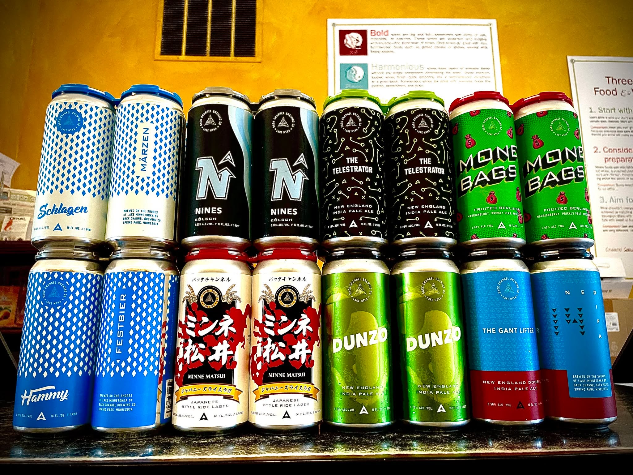 Brewery highlight: Back Channel Brewing! In our eternal quest to turn you on to the best folks making beer in Minnesota, we present Back Channel Brewing! We've been working with these folks for about 6 months now and we've been continually impressed by their offerings. Whether it's NE IPAs, Westies, Lagers, or Berliner-Weisses, Back Channel knows what they're doing and they're doing it a rapid clip! We currently have a good spread of BC brews: both of their Festbiers (very limited), Dunzo and The Telestrator (both exemplary hazy IPAs hovering in that 6.5% ABV sweet spot), Nines Kölsch (one of the best US Kölsch riffs I've had in quite awhile), Minne Matsui (their rice lager, which sells out super fast every time we bring it in), The Gant Lifter (a big 'ol double Hazy, just arrived!), and Money Bags (an ASTONISHINGLY delicious fruited Berliner-Weisse.). If Back Channel isn't on your radar yet, stop in and grab a few 4 packs! We'll be having them here for an in-store tasting on October 16th!