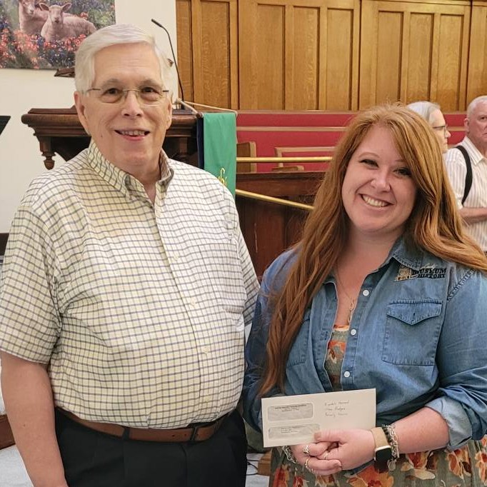 Thank you, Union Presbyterian Church, for selecting the Museum as one of 2 recipients of a $1,500 gift, presented during a combined evening worship service Sunday, Sept. 13, with First Methodist and First Baptist. The 3 churches are celebrating 150 years of ministry this year. The generous gift represents UPC's commitment to preserving the heritage of Brown County. Director Kyndall Howard, shown below with UPC elder Gene Deason, the evening's speaker, accepted the check from UPC elder and administrator Jake Jenkins. The Museum congratulates all 3 congregations and expresses special gratitude to Union Presbyterian. Greenleaf Cemetery also received a donation from the church.