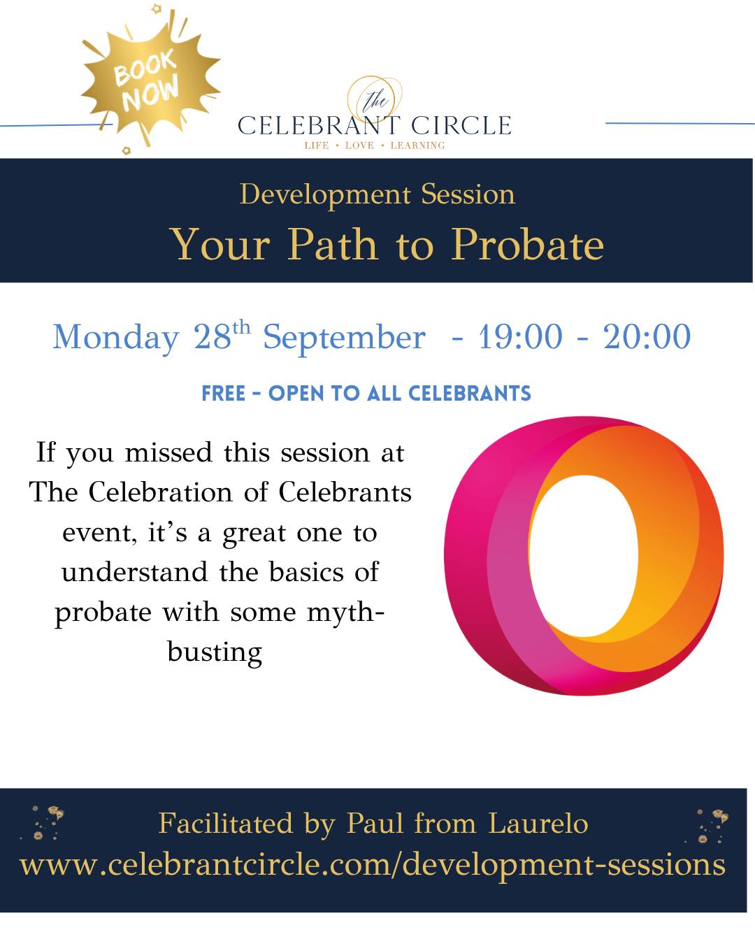 Monday 28th September · 7pm – 8pm
Celebrant Development Session: Your Path to Probate
A rerun for those who missed the Celebration of Celebrants event; it's a great one for understanding the basics of probate, with some myth-busting.
Free - Open to all celebrants.
Book via link in bio