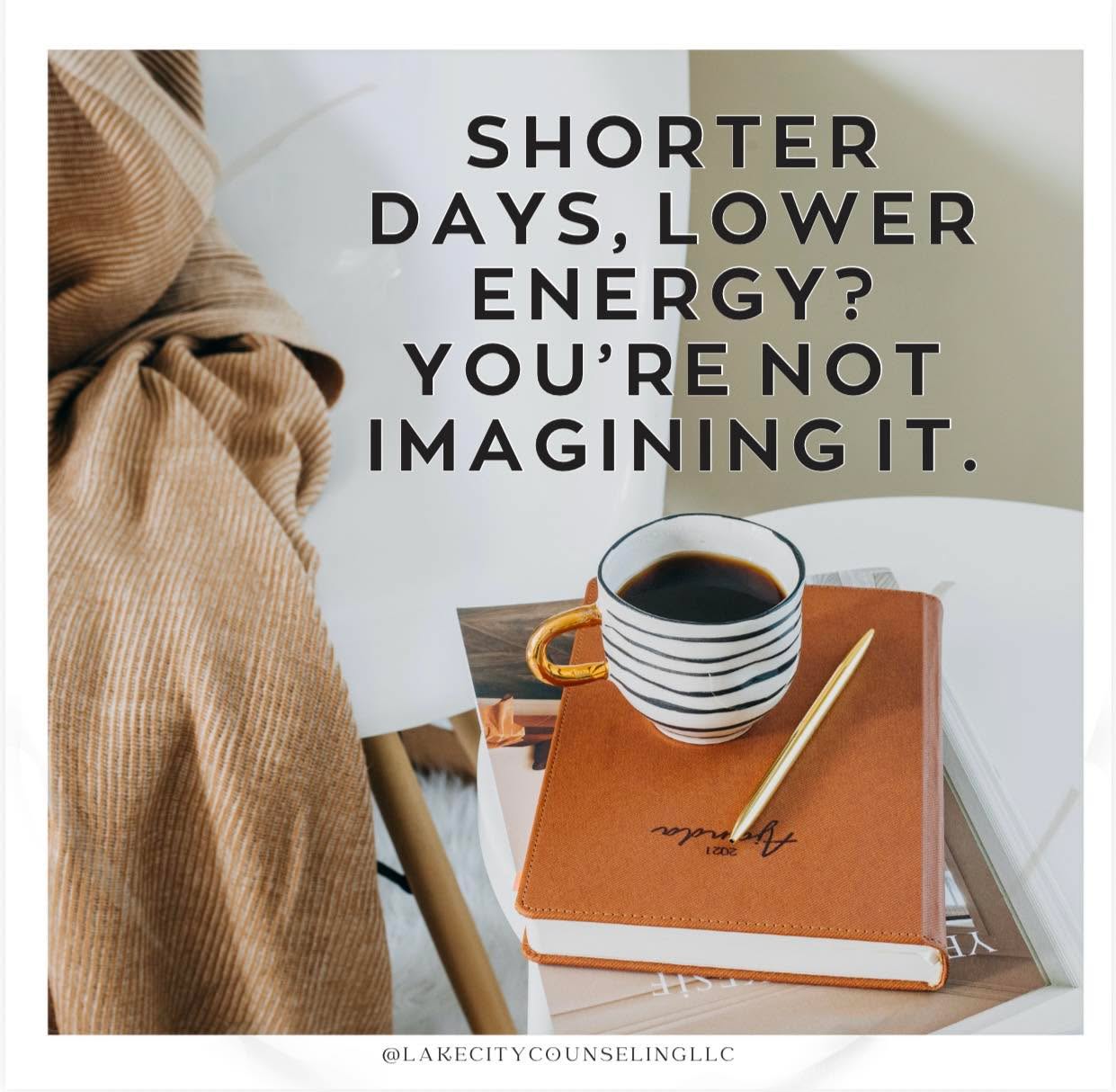 Feeling a little different as the seasons change?
Less daylight can affect our mood, energy, sleep, and nervous system. You’re not imagining it.
Try these 3 things:
- Get morning sunlight
- Keep moving, preferably outdoors
- Keep a consistent sleep/wake schedule
And remember—you don’t have to navigate seasonal changes alone. Therapy can help.
Save this for the days when you need it!
#FallMentalHealth #SeasonalAffectiveDisorder #MentalHealthSupport #MindBodyConnection #TherapyTips #SeasonalDepression #seasonaldepression #therapytips #mindbodyconnection