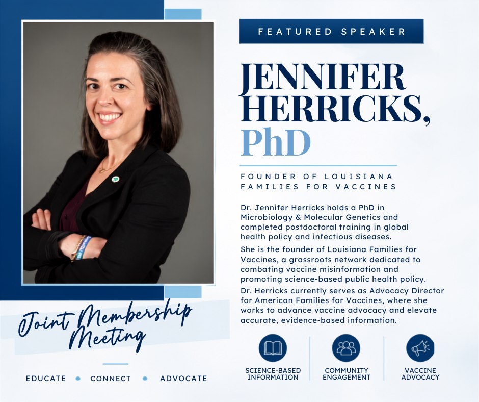 Weโre excited to introduce Dr. Jennifer Herricks, PhD, as one of our featured speakers for the 2026 Joint Membership Meeting! ๐ฉโโ๏ธ
Dr. Herricks holds a PhD in Microbiology & Molecular Genetics and completed postdoctoral training in global health policy and infectious diseases. She is the founder of Louisiana Families for Vaccines, a grassroots network dedicated to combating vaccine misinformation and promoting science-based public health policy.
She currently serves as Advocacy Director for American Families for Vaccines, where she works to advance vaccine advocacy and elevate accurate, evidence-based information.
Weโre looking forward to hearing from Dr. Herricks and all of our incredible speakers on October 28 at Southern Yacht Club! We hope to see you there! ๐
#MASELA #JPMS #OPMS #JointMembershipMeeting #OrganizedMedicine #LouisianaPhysicians