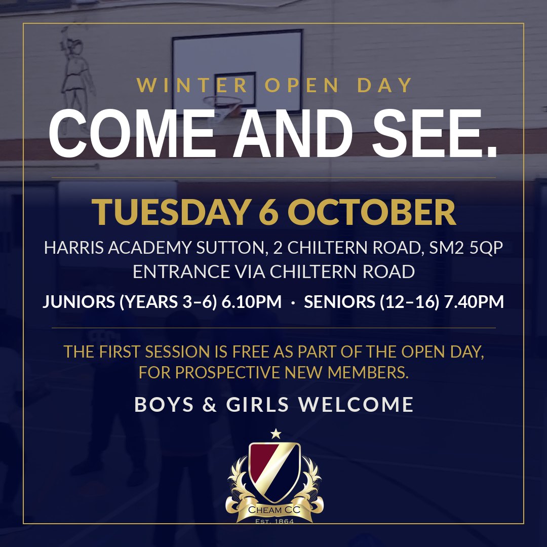 🗓️🏏 Come and see a Tuesday night before you decide anything.
Winter Open Day — Tuesday 6 October, Harris Academy Sutton. Meet the coaches, watch a session, ask whatever you want to ask. The first session is free as part of the Open Day, for prospective new members.
🔹 Juniors (school years 3–6): 6.10–7.30pm
🔹 Seniors (ages 12–16): 7.40–9.00pm
📍 Harris Academy Sutton, 2 Chiltern Road, Sutton SM2 5QP — entrance via Chiltern Road
Girls and boys train together in both sessions. Depending on the number of girls that attend each session, they may get their own group or be mixed in with similar-ability players.
No trials ever to join the club · ECB-qualified coaches · Bursaries available · Founded 1864
📝 Register: forms.gle/VFt5ZCiVwcahn5Xe7
#OpenDay #Sutton #KidsCricket #GirlsCricket #Cheam #WorcesterPark #Banstead #Ewell