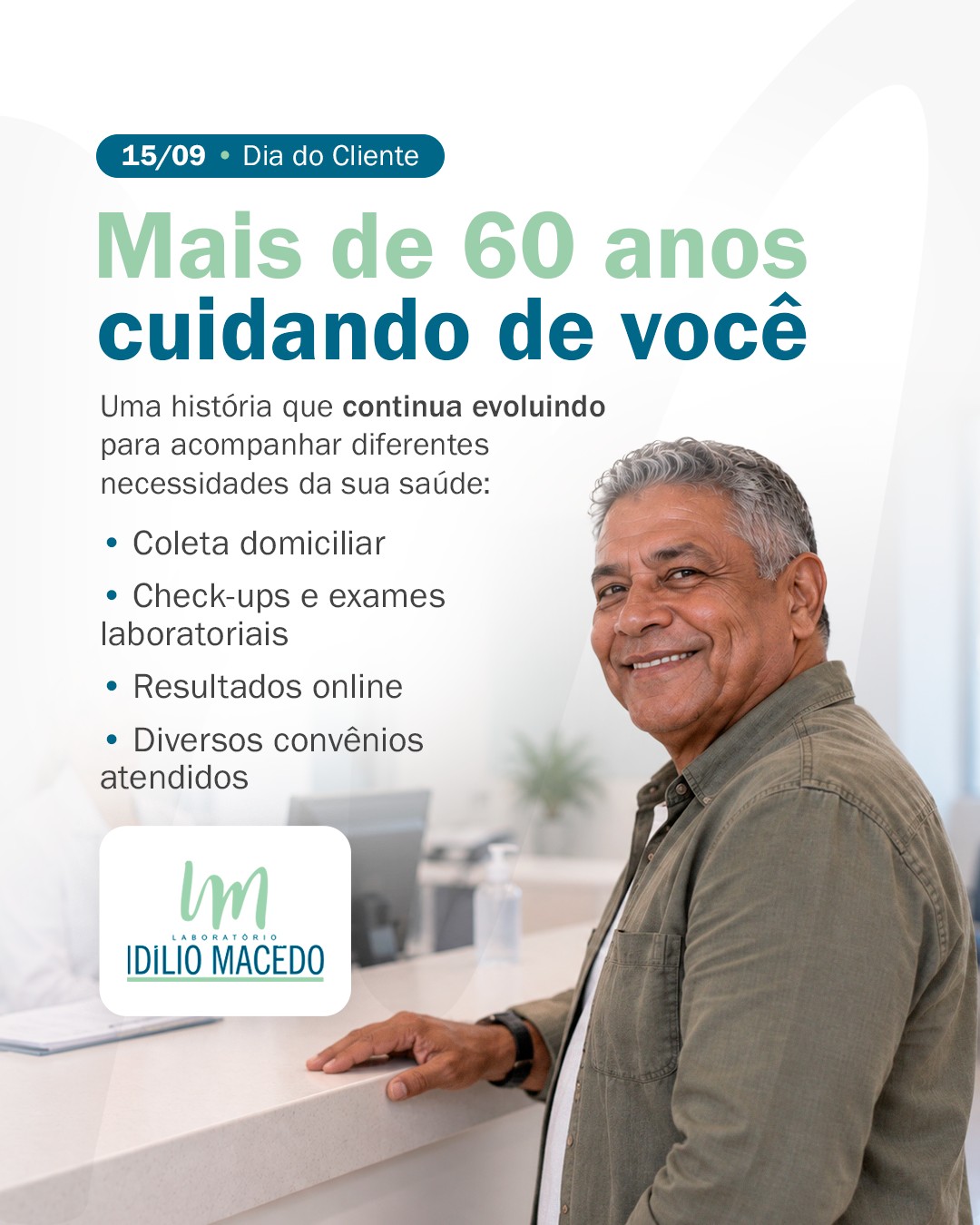 Desde 1963, presentes desde os primeiros cuidados, com exames como o Teste do Pezinho, até os exames de rotina e acompanhamentos que ajudam a cuidar da saúde ao longo dos anos.
Neste Dia do Cliente, relembramos todas as pessoas e famílias que fazem parte da nossa história.
Laboratório Idílio Macêdo🖱️ http://laboratorioidiliomacedo.com.br
Whatsapp: (89) 99402-3347
Telefone: (89) 3522-1476
📍Matriz (Floriano/PI)
Rua Defala Attem, 490, Centro
🕐Horário de atendimento:
De segunda a sexta-feira, das 6h40 às 18h
Sábados, das 7h às 12h