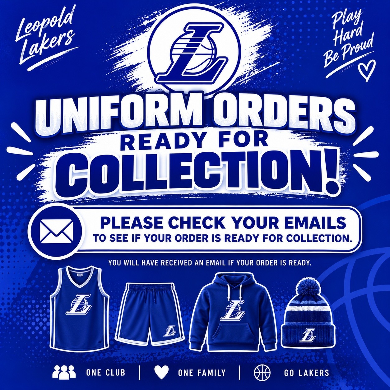 📣 UNIFORM ORDERS ARE READY! 💙🤍
Some uniform orders are now ready for collection! 🏀👕
📧 Please check your emails to see if you’ve received confirmation that your order is ready.
If you haven’t received an email yet, your order may still be being processed — we’ll let you know as soon as it’s ready.
Thank you for your patience and continued support of the Leopold Lakers Basketball Club! 💙🤍
Lakers Together | One Club | One Family 🏀💙