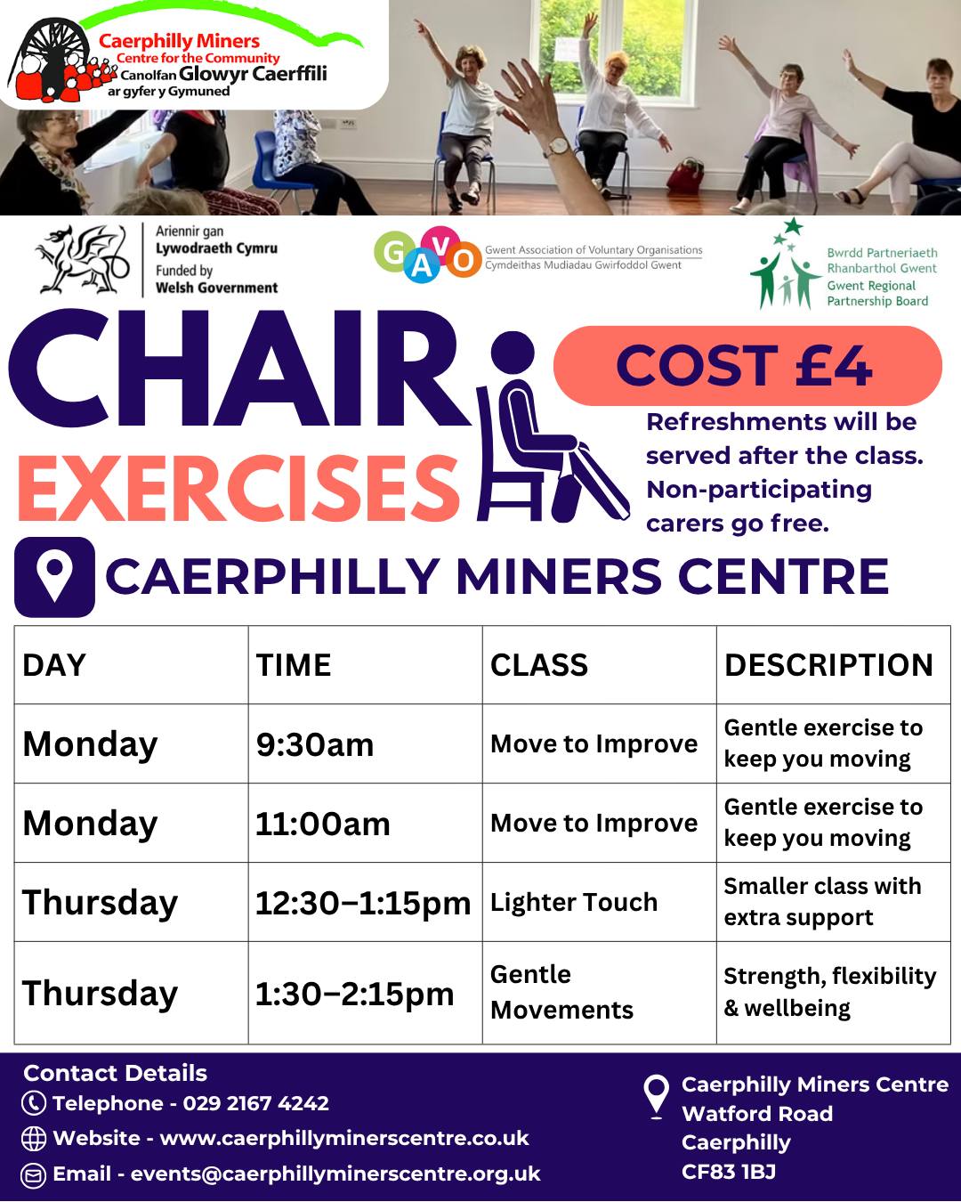 Join us for Chair Exercises 🪑Everyone is welcome! 😊
See the timetable below for session times and details.
Ymunwch â ni ar gyfer Ymarferion Cadair 🪑 Croeso i bawb! 😊
Gweler yr amserlen isod am amseroedd a manylion y sesiynau.
