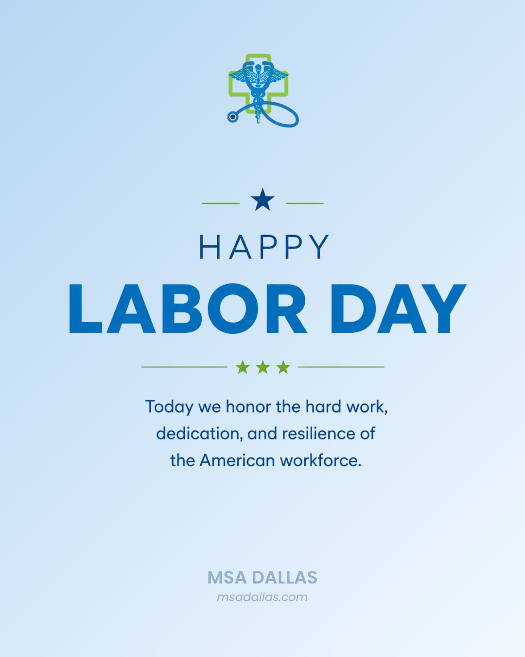 Happy Labor Day from MSA Dallas! 🇺🇸
Today, we’re celebrating the hard work, dedication, and resilience of the people who keep our communities moving forward every day.
We hope you’re able to enjoy a well-deserved day of rest, time with the people you love, and a little extra time to recharge.
From all of us at MSA Dallas, have a safe and happy Labor Day! 💙💚
#LaborDay #MSADallas #DallasTX #DallasHealthcare #DFWCommunity